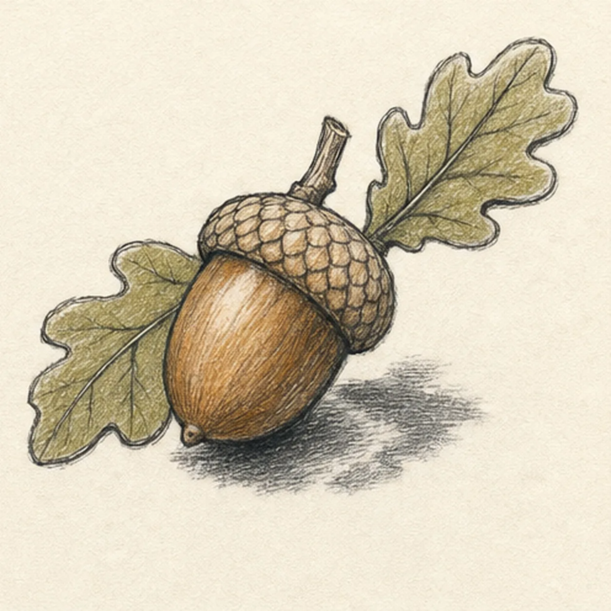 Handmade graphite and restrained colored-pencil sketch of one plump acorn tilted toward the lower left with one warm-umber scaled cup cap, one short twig, exactly two lobed muted-olive oak leaves, branching veins, ochre shell hatching, open paper highlights, and one broken graphite cast shadow