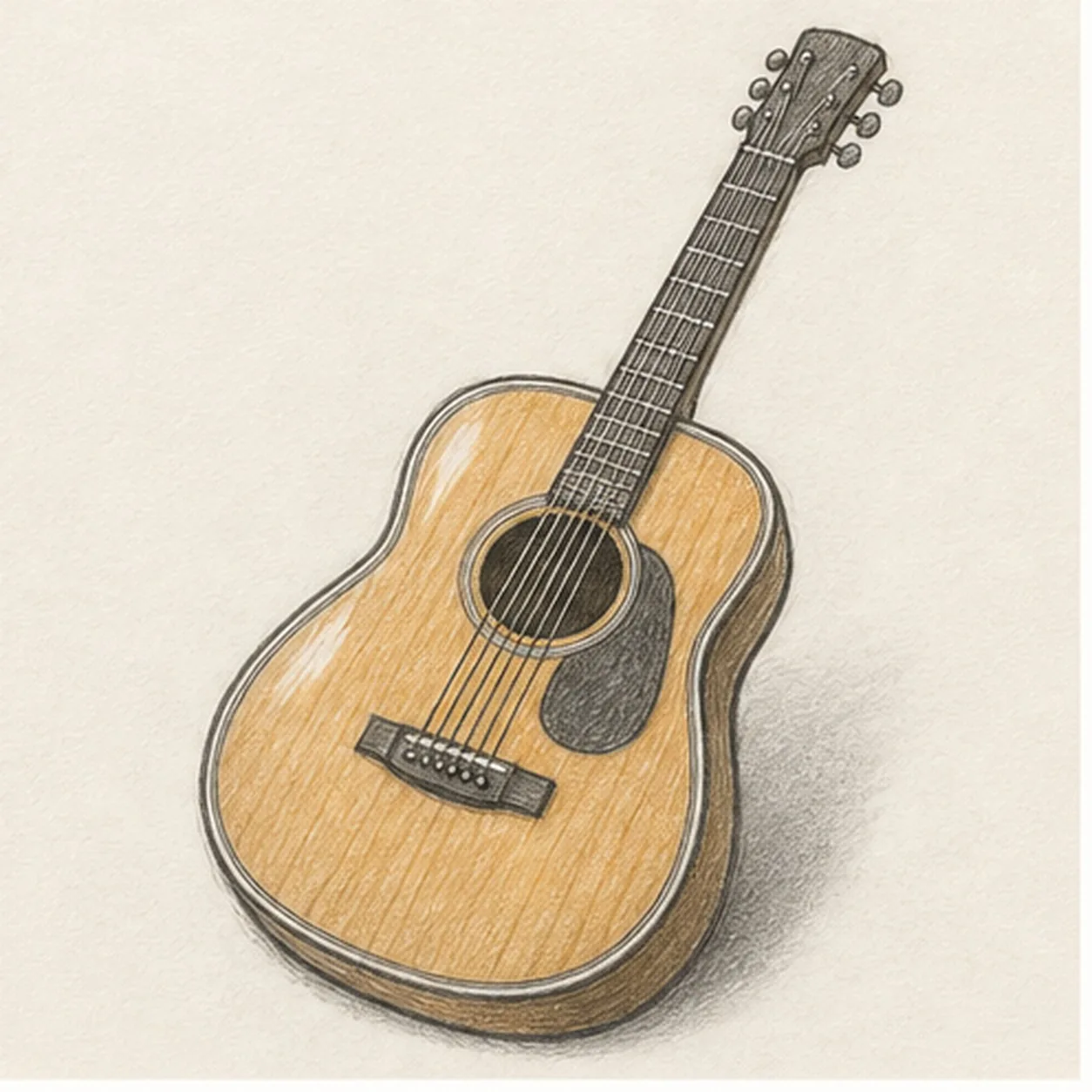 Handmade graphite and warm ochre colored-pencil sketch of a diagonal acoustic guitar with rounded wooden body, narrow waist, long dark fingerboard, six strings, six tuning pegs, centered sound hole, bridge, black pickguard, light wood grain, and soft cast shadow