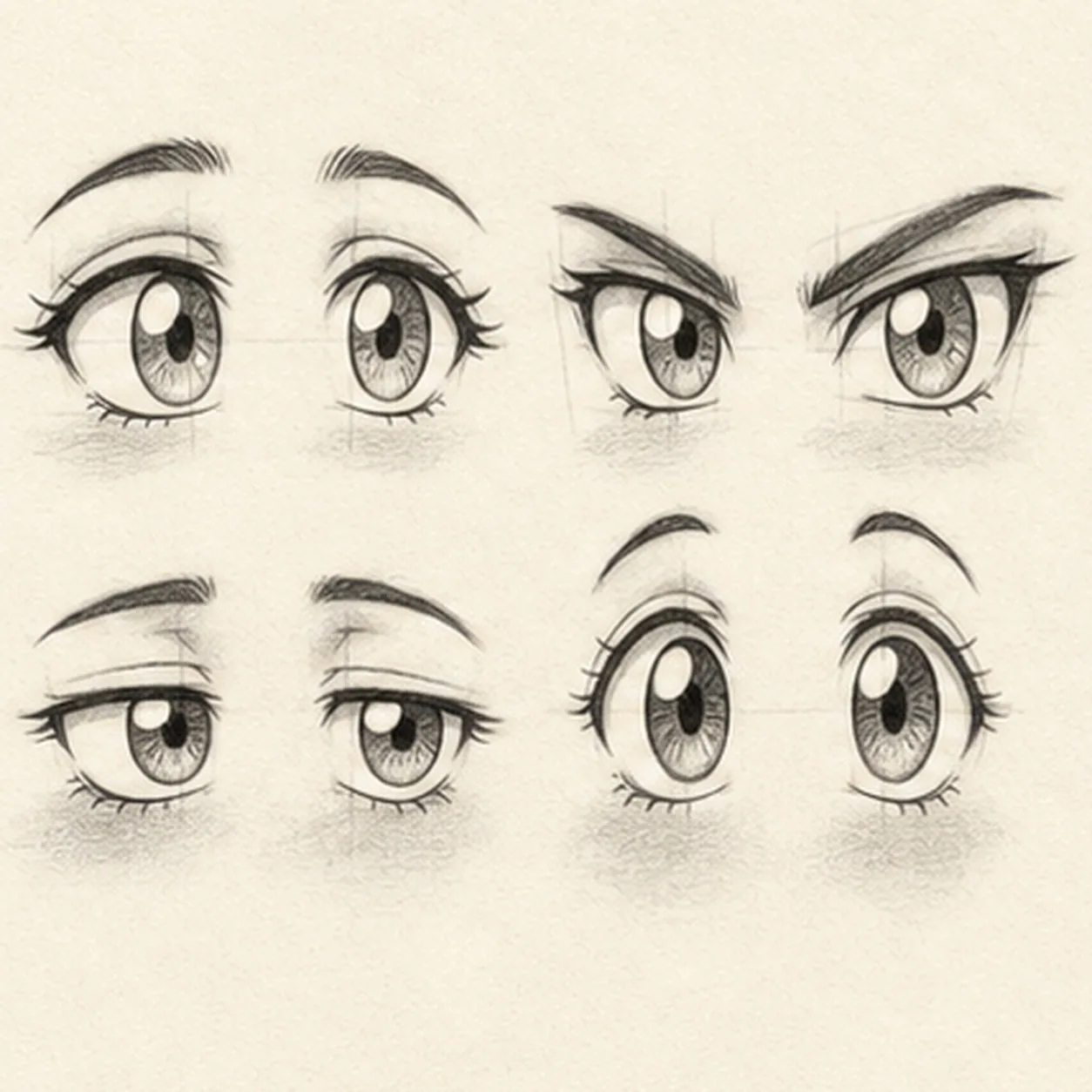 Handmade graphite pencil study of four matched pairs of anime eyes arranged in a two-by-two practice sheet: soft rounded eyes with gentle brows, sharp focused action eyes with angled brows, sleepy half-lidded eyes, and wide surprised chibi eyes, all with coordinated rightward pupils, open paper highlights, varied lash weight, iris hatching, visible construction traces, paper tooth, and soft broken graphite shadows