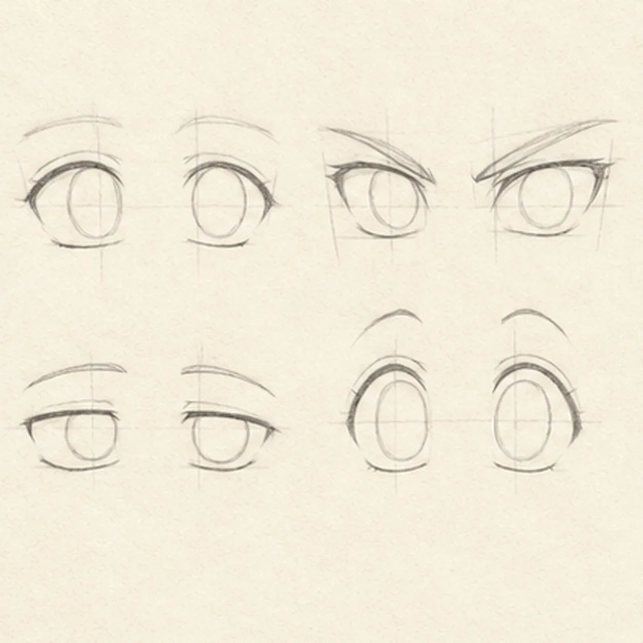 Shape four lid styles stage for how to draw a set of four anime eye pairs