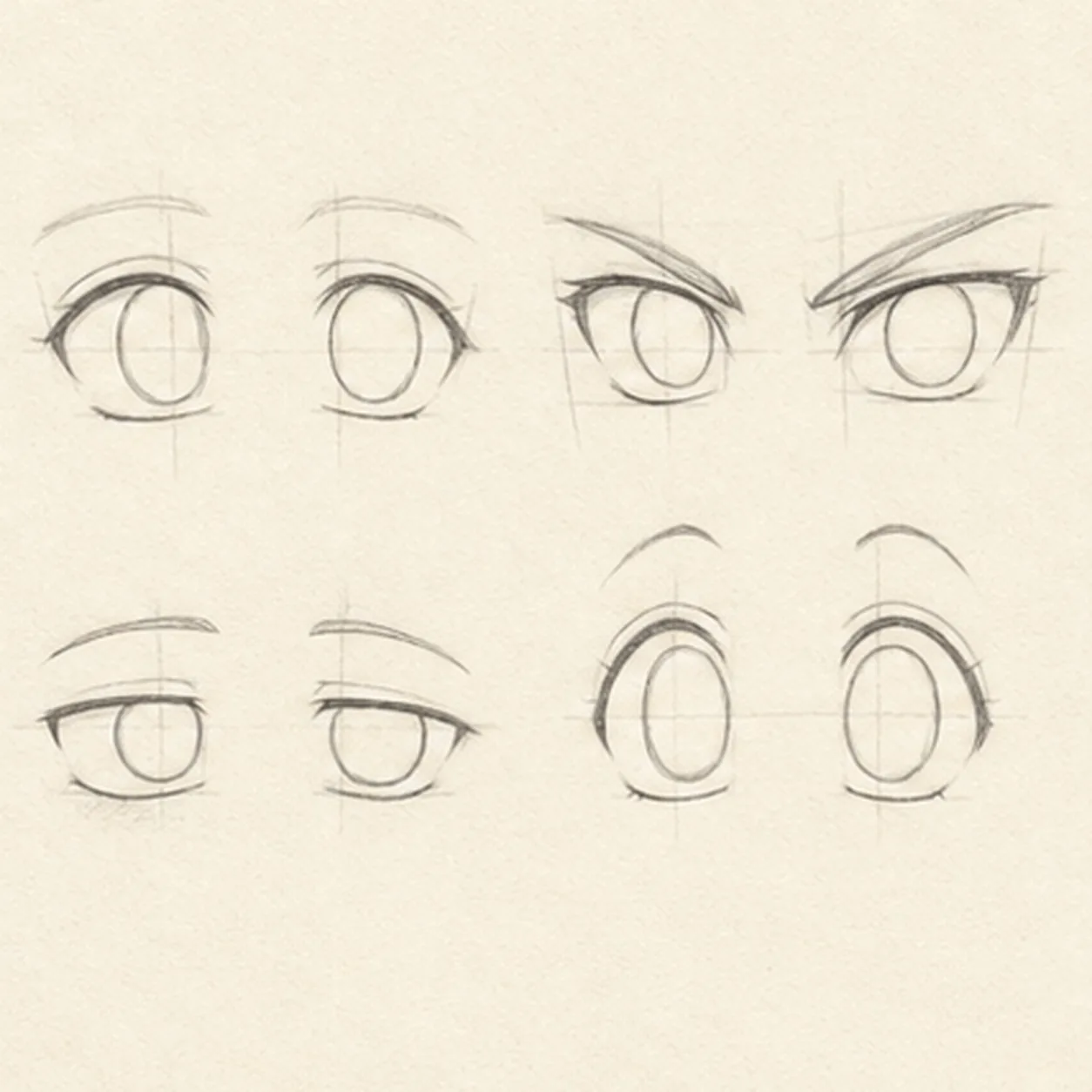Fit the irises stage for how to draw a set of four anime eye pairs