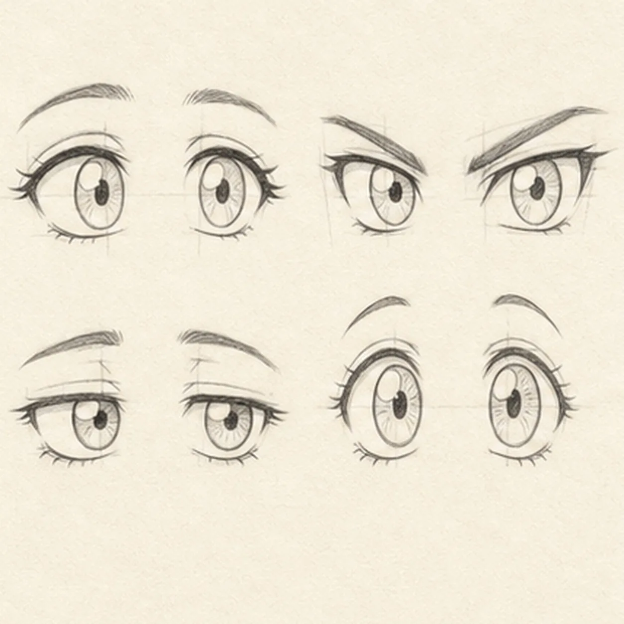 Set lashes and expressions stage for how to draw a set of four anime eye pairs