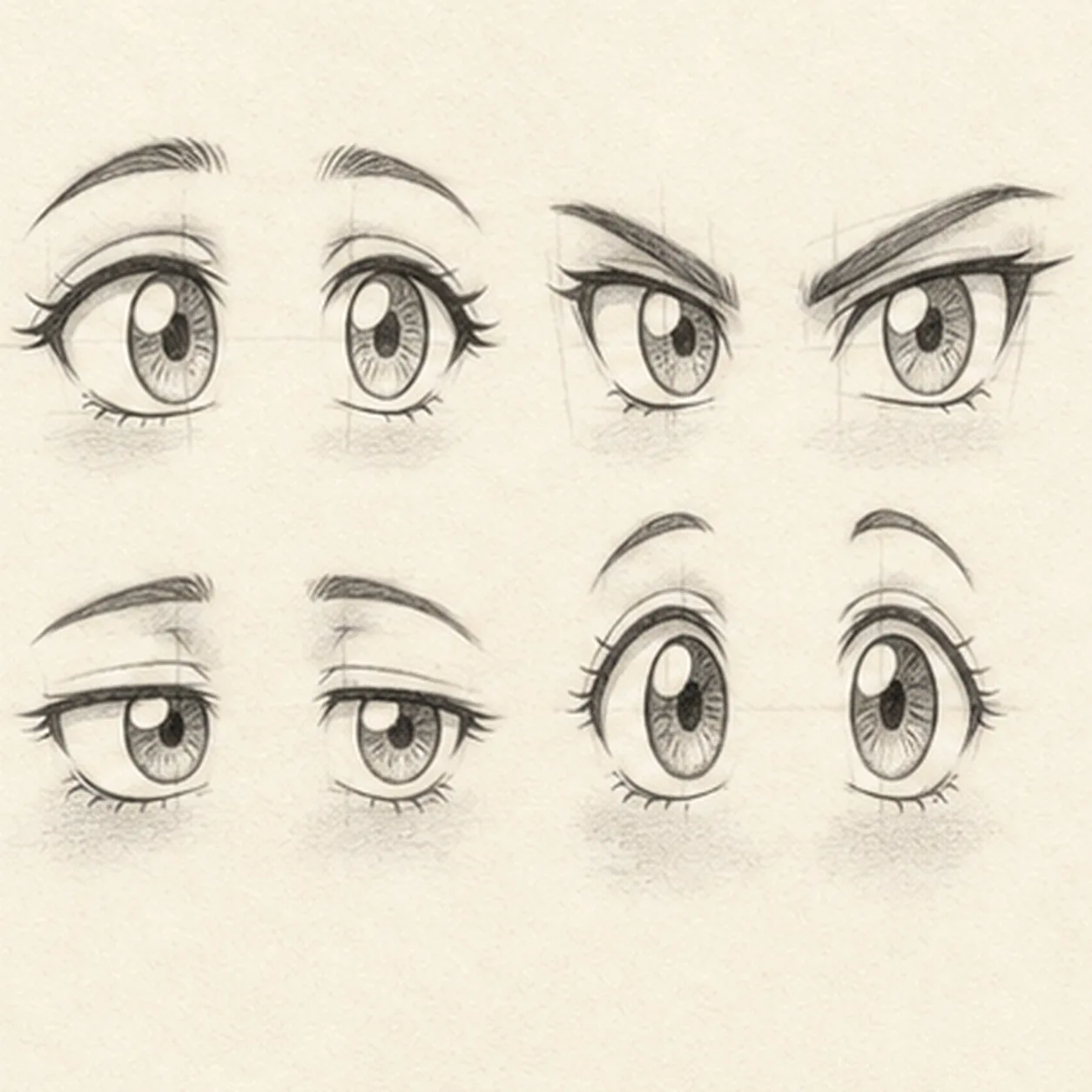 Shade without flattening stage for how to draw a set of four anime eye pairs