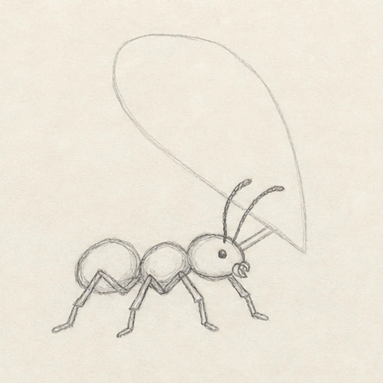 Give the ant a determined face stage for how to draw an ant carrying a leaf