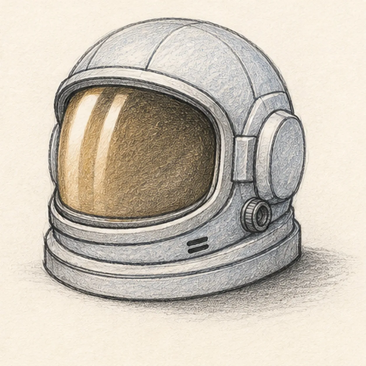 Handmade graphite and colored-pencil sketch of an empty three-quarter astronaut helmet with rounded pale blue-gray shell, broad dark amber visor, two white reflection bands, layered neck collar, round side housing, small connector, two vents, panel seams, and soft cast shadow