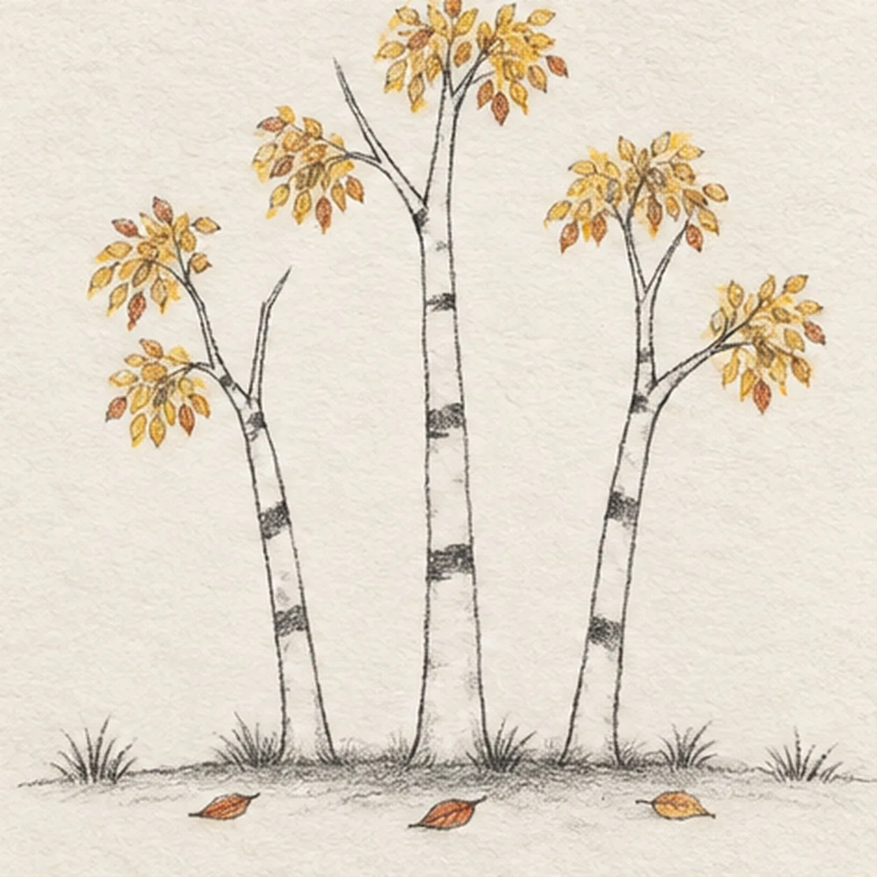 Handmade graphite and restrained colored-pencil sketch of exactly three slender white-paper birch trees with the center trunk tallest, two upward branch forks on each tree, three broken dark bark bands per trunk, exactly six airy golden-yellow ochre and rust leaf clusters distributed two per tree, exactly six grass tufts, exactly three fallen leaves, visible paper tooth, and one broken graphite ground shadow
