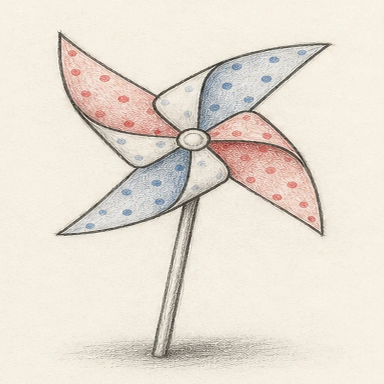 Graphite and colored-pencil sketch of a backyard pinwheel with four folded red and blue dotted blades, center hub, slender stick, and soft ground shadow