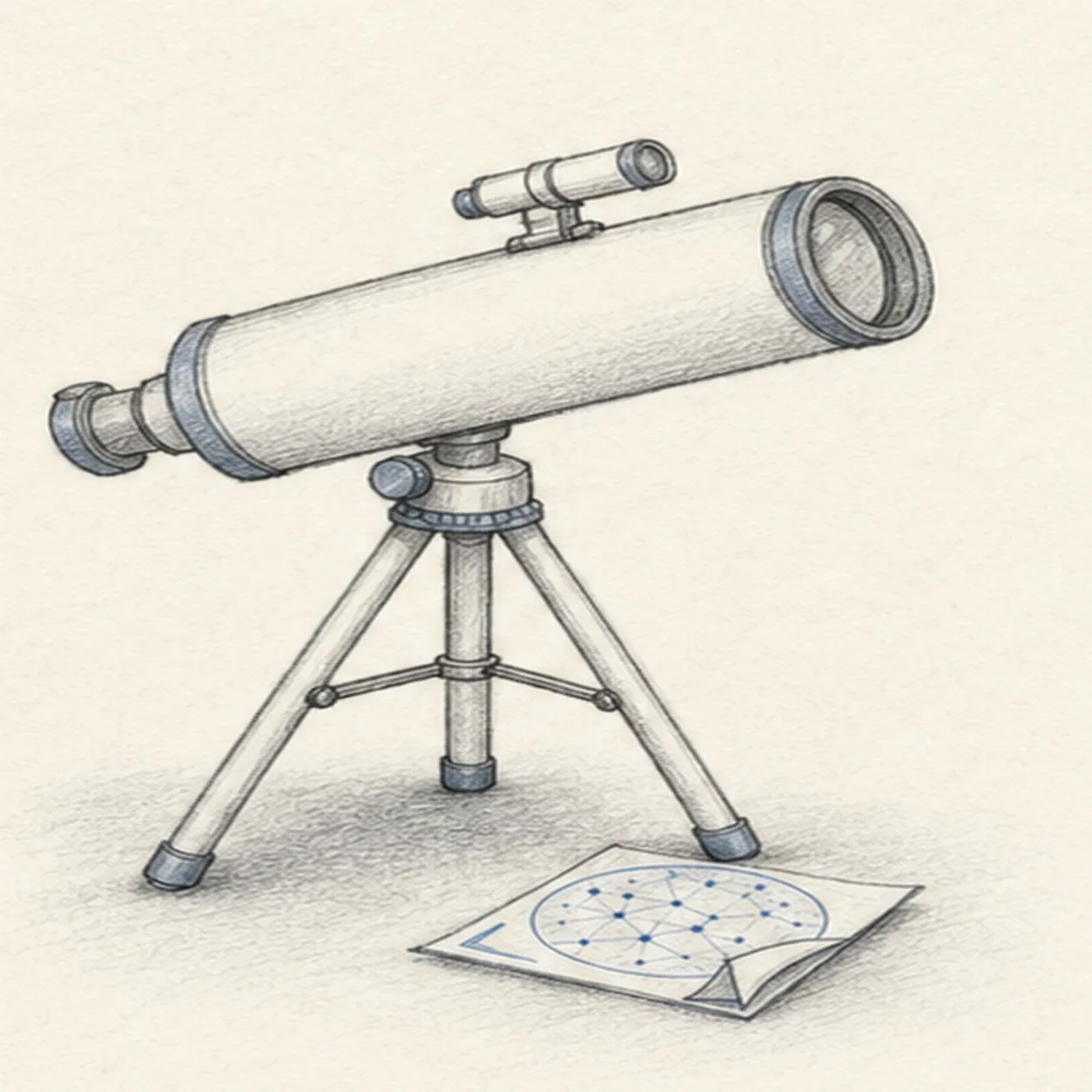 Graphite and blue-gray colored-pencil sketch of a backyard telescope angled upward on a tripod with finder scope, lens rim, folded star chart, and soft shading