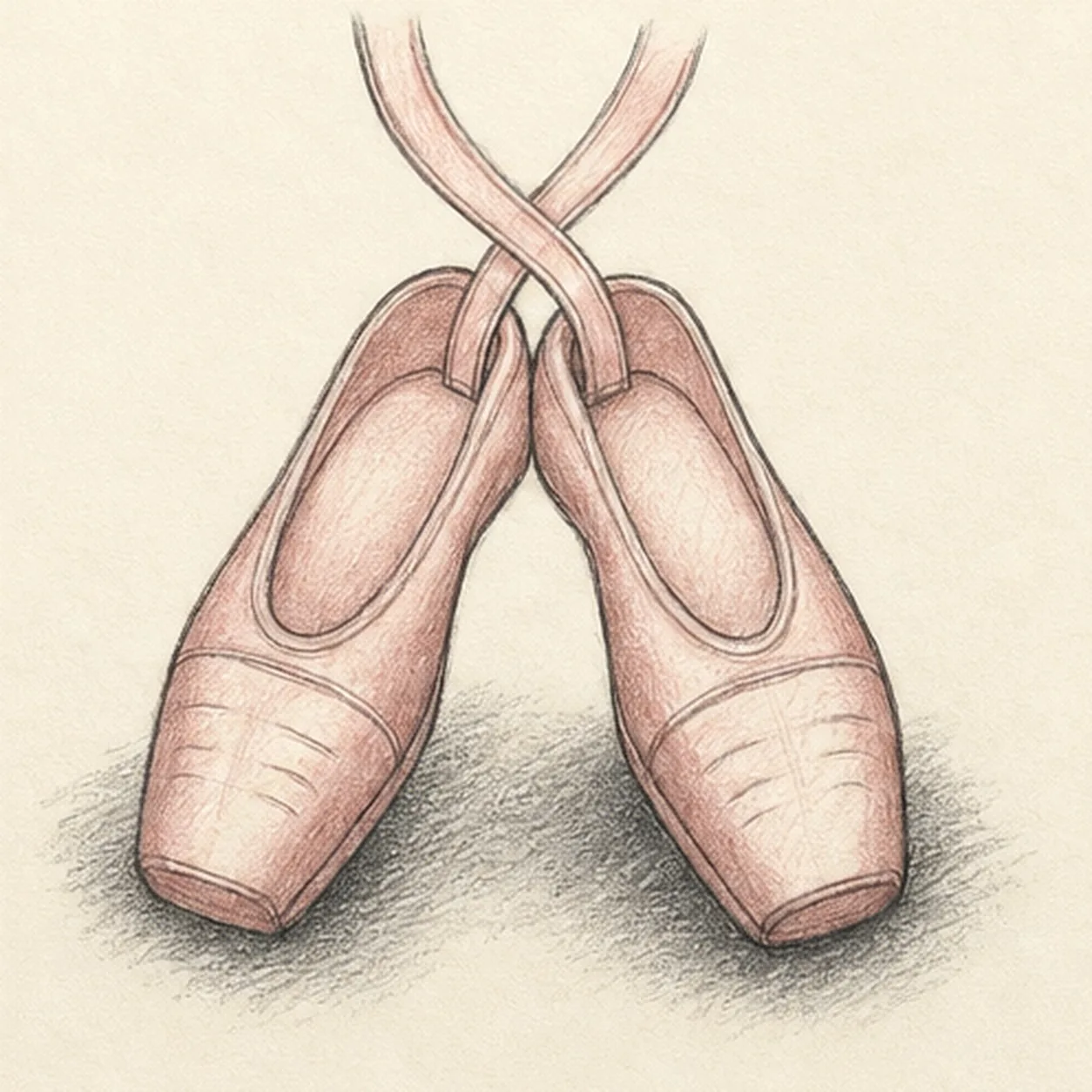 Handmade graphite and dusty-rose colored-pencil sketch of exactly two ballet pointe shoes leaning apart with gently squared toe boxes, oval openings, rounded heels, one toe seam and three short fabric folds per shoe, exactly two wide ribbons attached at the inner sides and crossing once above the pair, warm paper highlights, and one broken graphite ground shadow