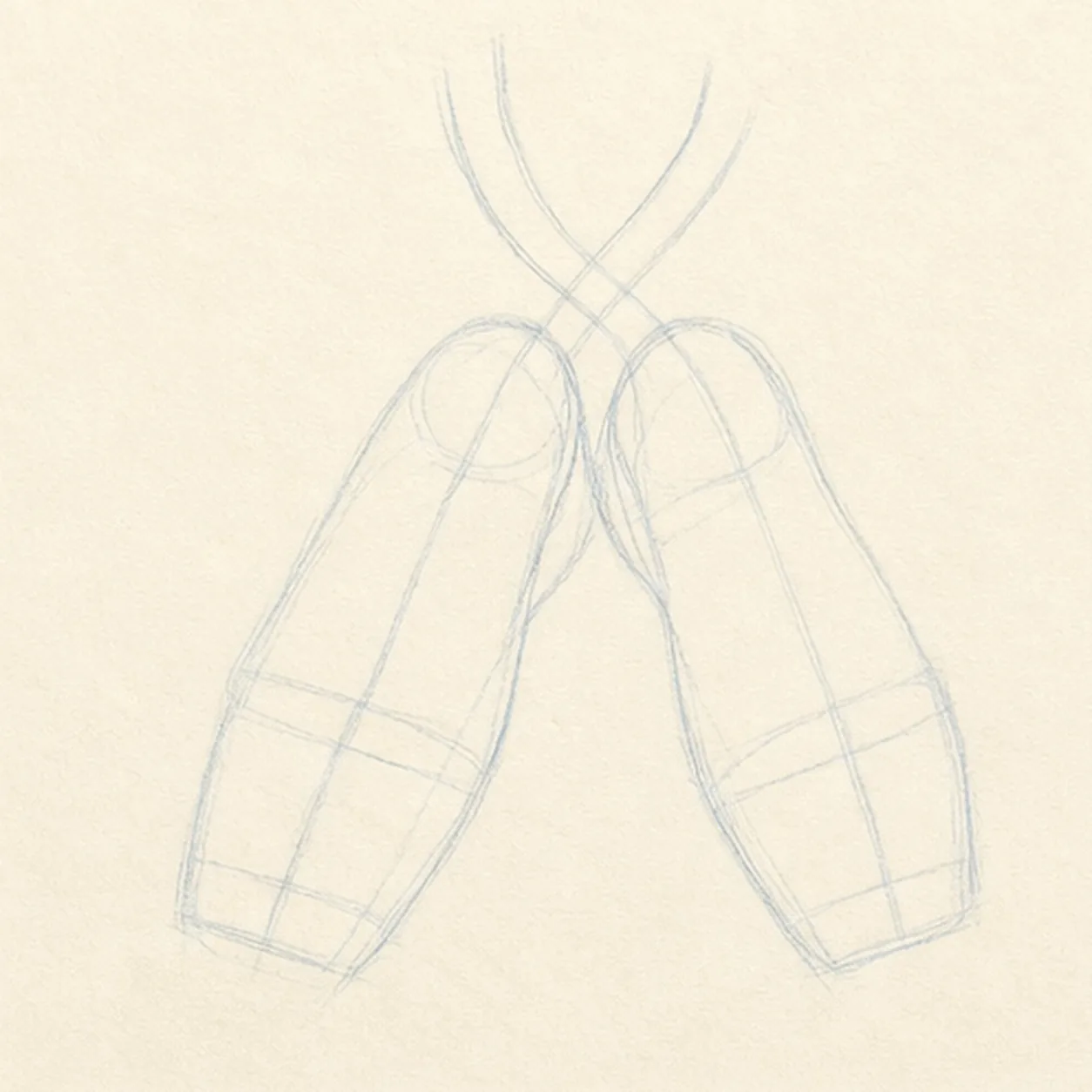 Map the paired slippers and ribbons stage for how to draw a pair of ballet slippers with ribbons