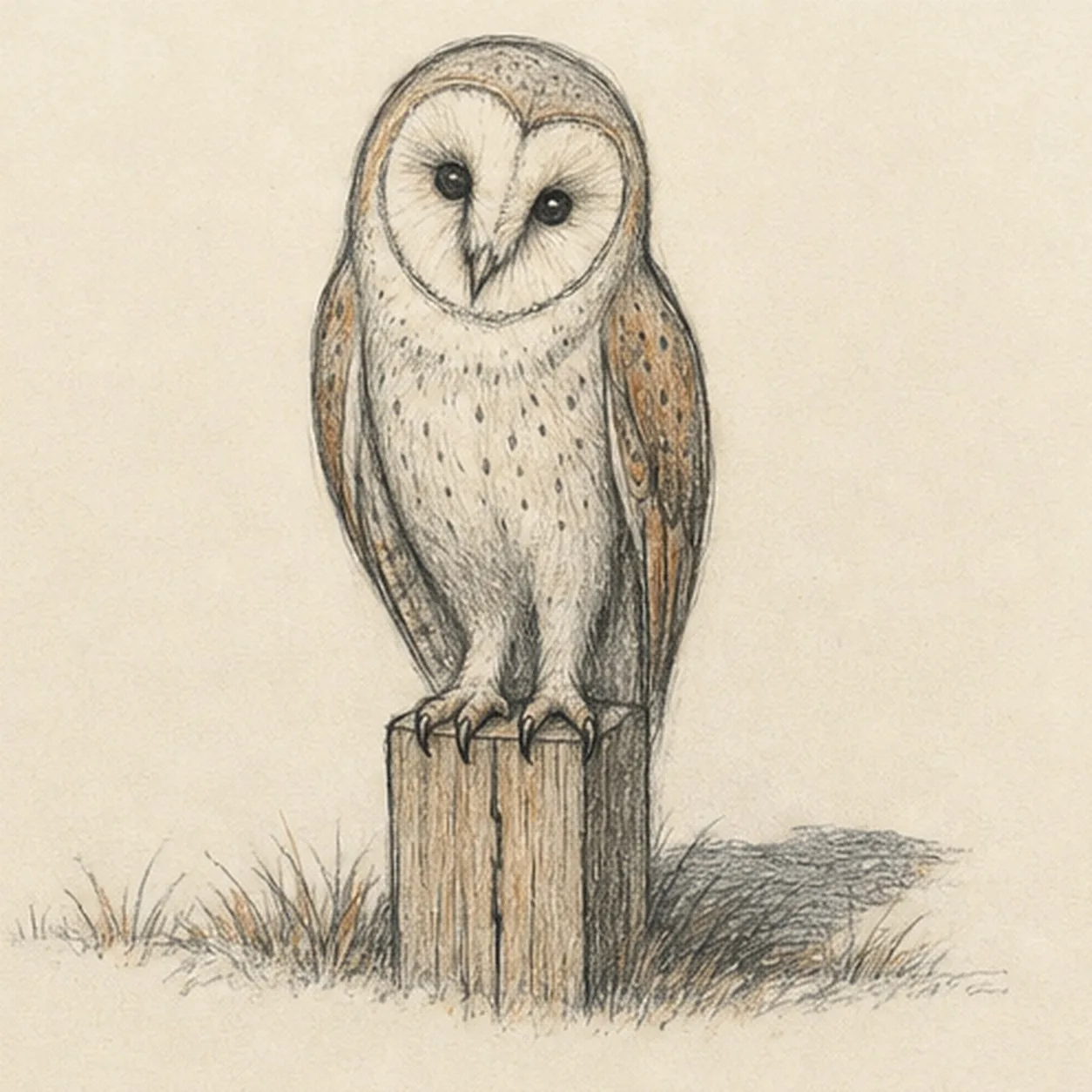 Handmade graphite and restrained colored-pencil sketch of one front-facing barn owl with a gently tilted head, one cream heart-shaped facial disk, two dark eyes, one small hooked beak, two folded warm-tan and muted-rust wings, two taloned feet gripping a weathered square fence post, sparse grass, paper highlights, and one broken graphite shadow
