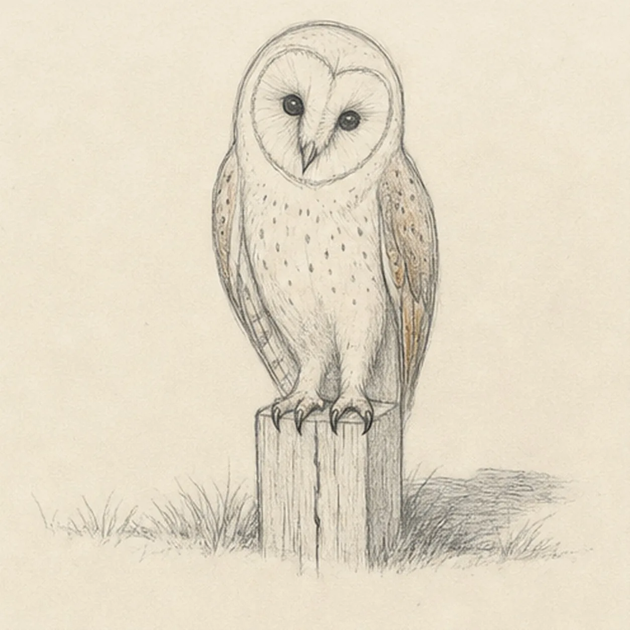 Map feathers and weathered wood stage for how to draw a perched barn owl