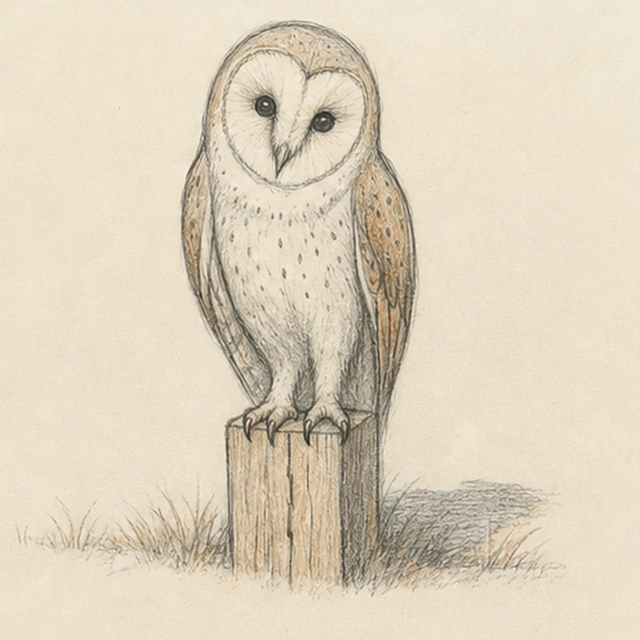 Shade the quiet plumage stage for how to draw a perched barn owl