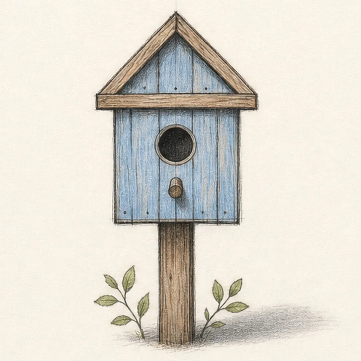 Graphite and colored-pencil sketch of a blue wooden birdhouse on a brown post with a pitched roof, round doorway, perch, leaf sprigs, and soft shadow