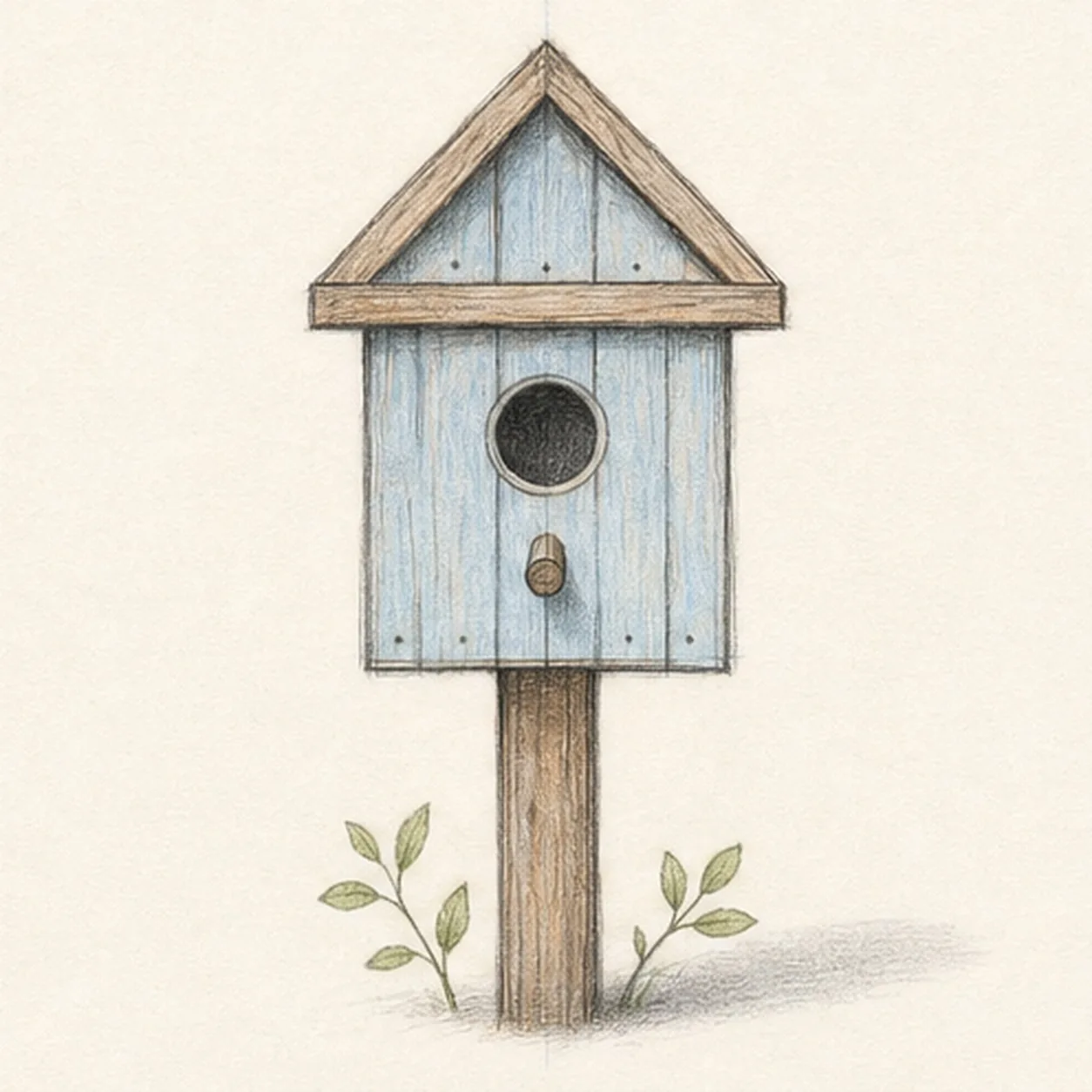 Add grain, leaves, and color stage for how to draw a birdhouse on a post