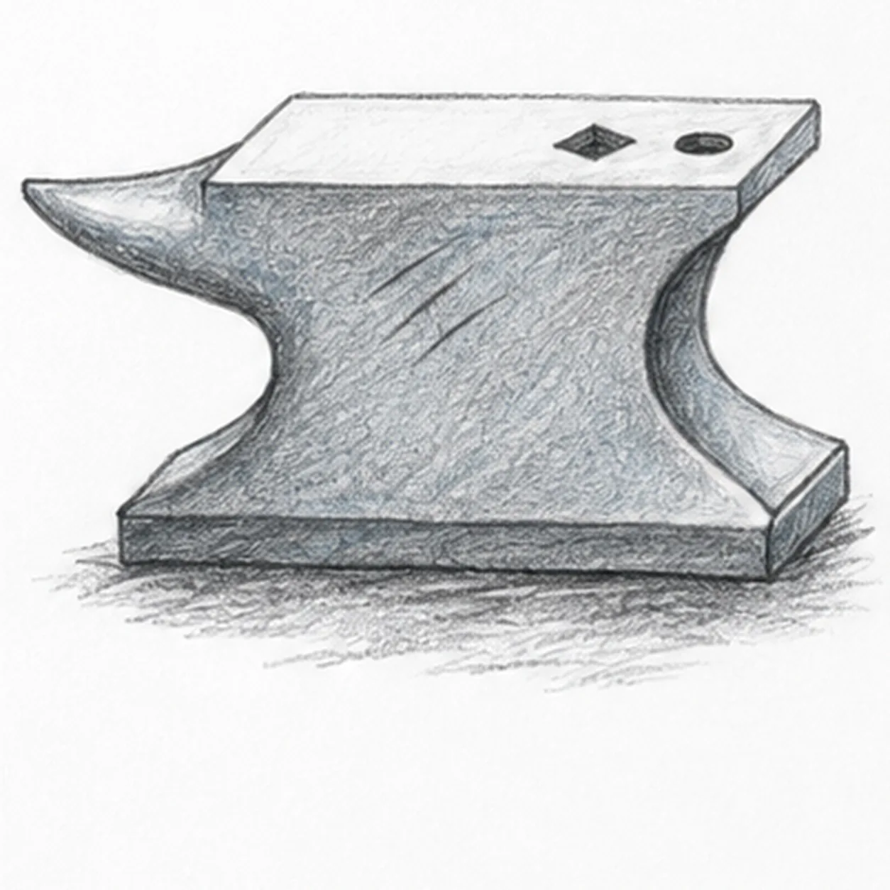 Handmade graphite and muted blue-gray pencil sketch of a left-pointing blacksmith anvil with a pale flat striking face, square and round tool holes, concave waist, broad heavy base, three diagonal wear scratches and a loose ground shadow.