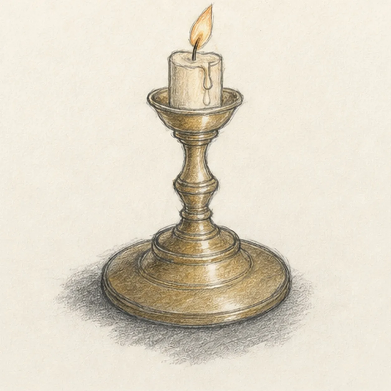 Handmade graphite and restrained colored-pencil sketch of one centered brass candlestick with a broad oval foot, stepped base, narrow turned stem, shallow candle cup, one short warm-cream candle, exactly two wax drips, one dark wick, one small amber flame, ochre-brass hatching, open paper highlights, and one broken graphite tabletop shadow