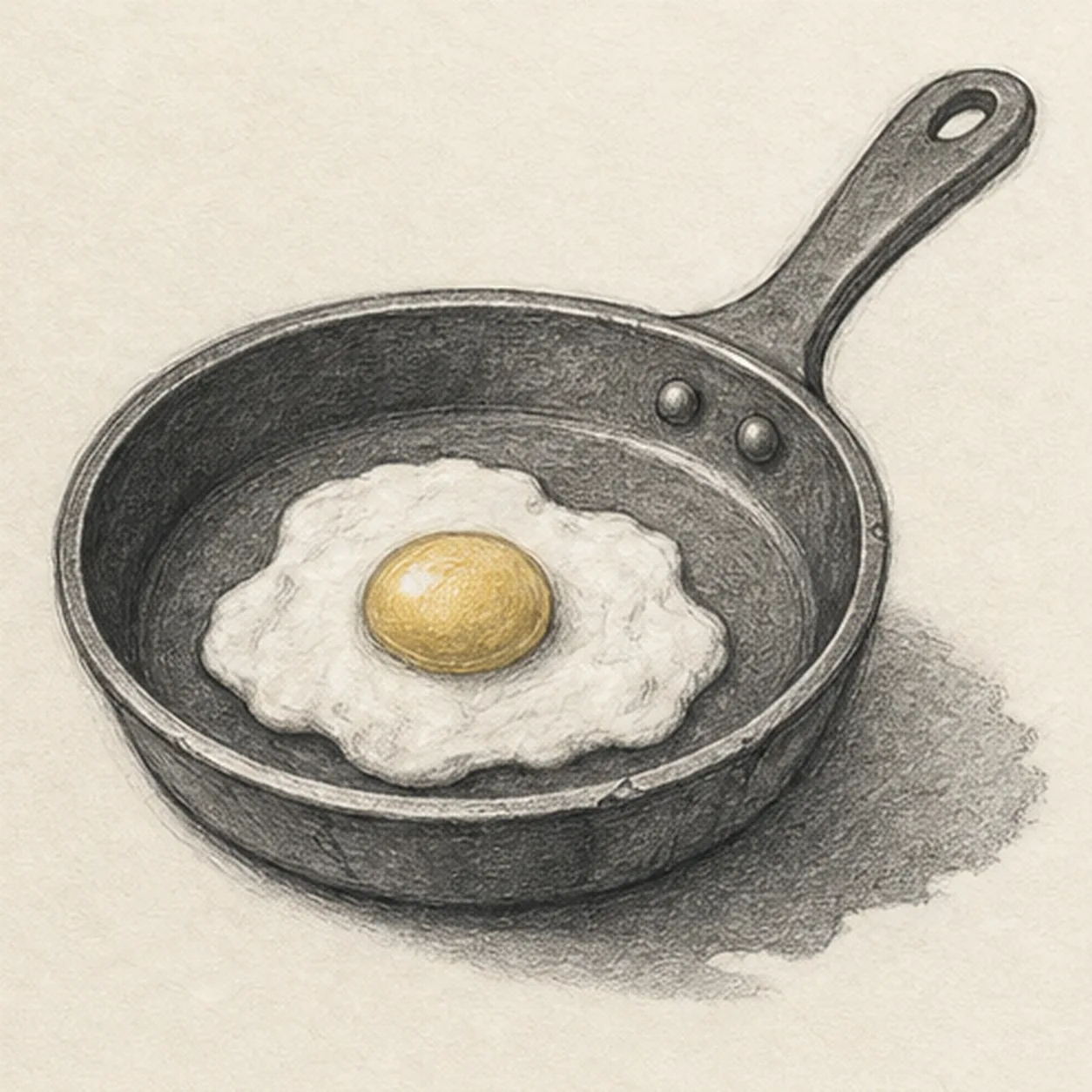Handmade graphite and restrained colored-pencil sketch of one three-quarter cast-iron skillet viewed slightly from above with a broad oval bowl, visible wall depth, long handle angled to the upper right, one hanging hole, exactly two round handle rivets, one irregular fried egg with one pale-gold round yolk, a few pan wear marks, paper highlights, and one broken graphite cast shadow
