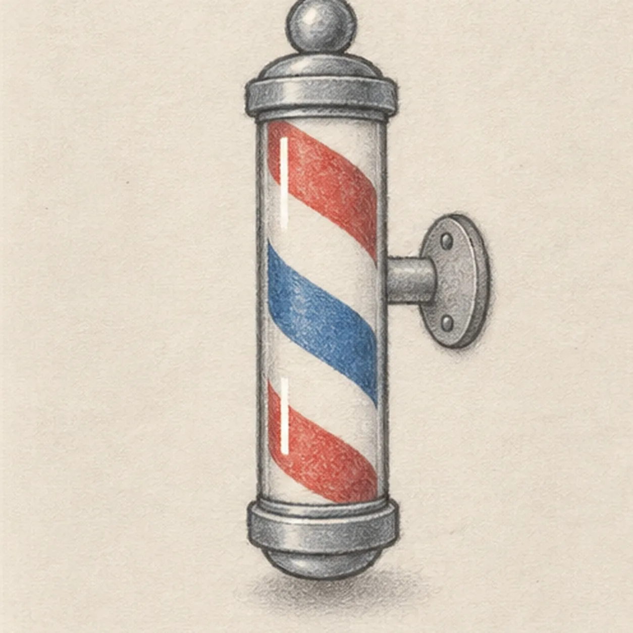 Handmade graphite and restrained colored-pencil sketch of one upright classic barber pole with one tall glass cylinder, one metal cap at each end, one round top finial, one rounded lower end, exactly three broad diagonal ribbon bands colored muted red, dusty blue, and muted red, one short right-side bracket attached behind the pole, one oval wall mount with exactly two round fasteners, exactly two narrow open-paper glass highlights, visible paper tooth, and one broken graphite ground shadow
