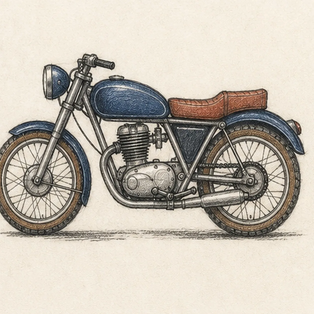 Handmade graphite and restrained colored-pencil sketch of one left-facing classic motorcycle in side view with exactly two equal spoked wheels, one navy rounded fuel tank, one rust-brown stepped seat, one triangular metal frame, one silver-gray single-cylinder engine, one slanted front fork, one compact handlebar, one round navy headlamp, exactly two navy fenders, one low silver exhaust pipe, one visible chain route, warm-brown tire accents, open paper highlights, and one broken graphite ground shadow