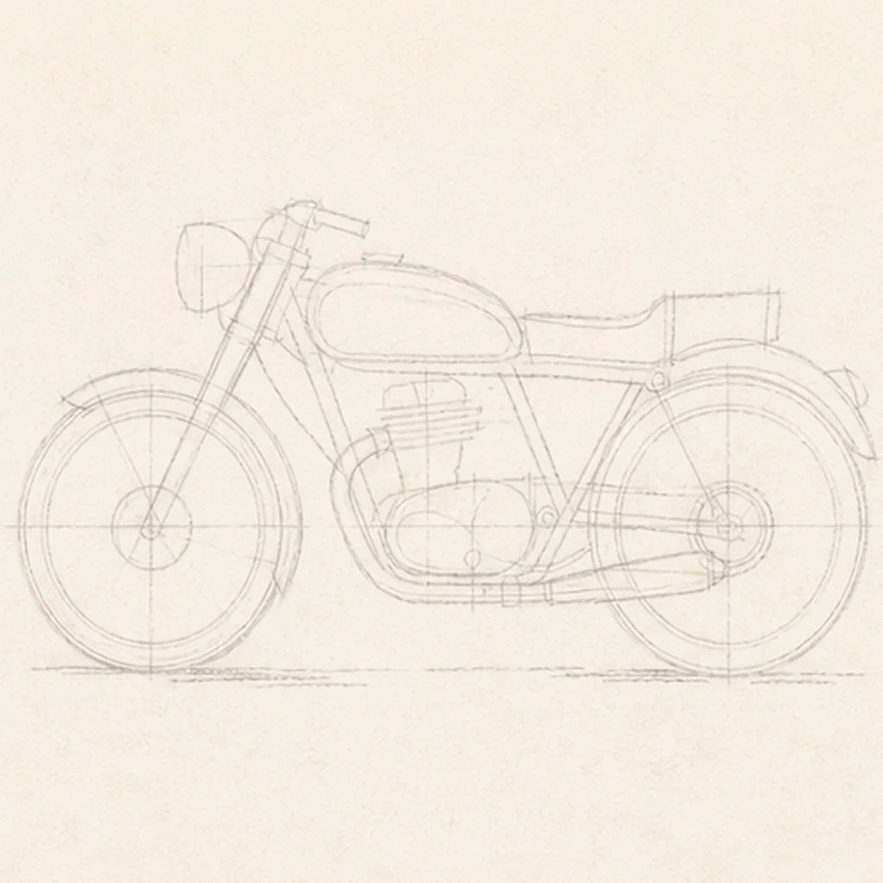 Map the wheels and machine stage for how to draw a classic motorcycle