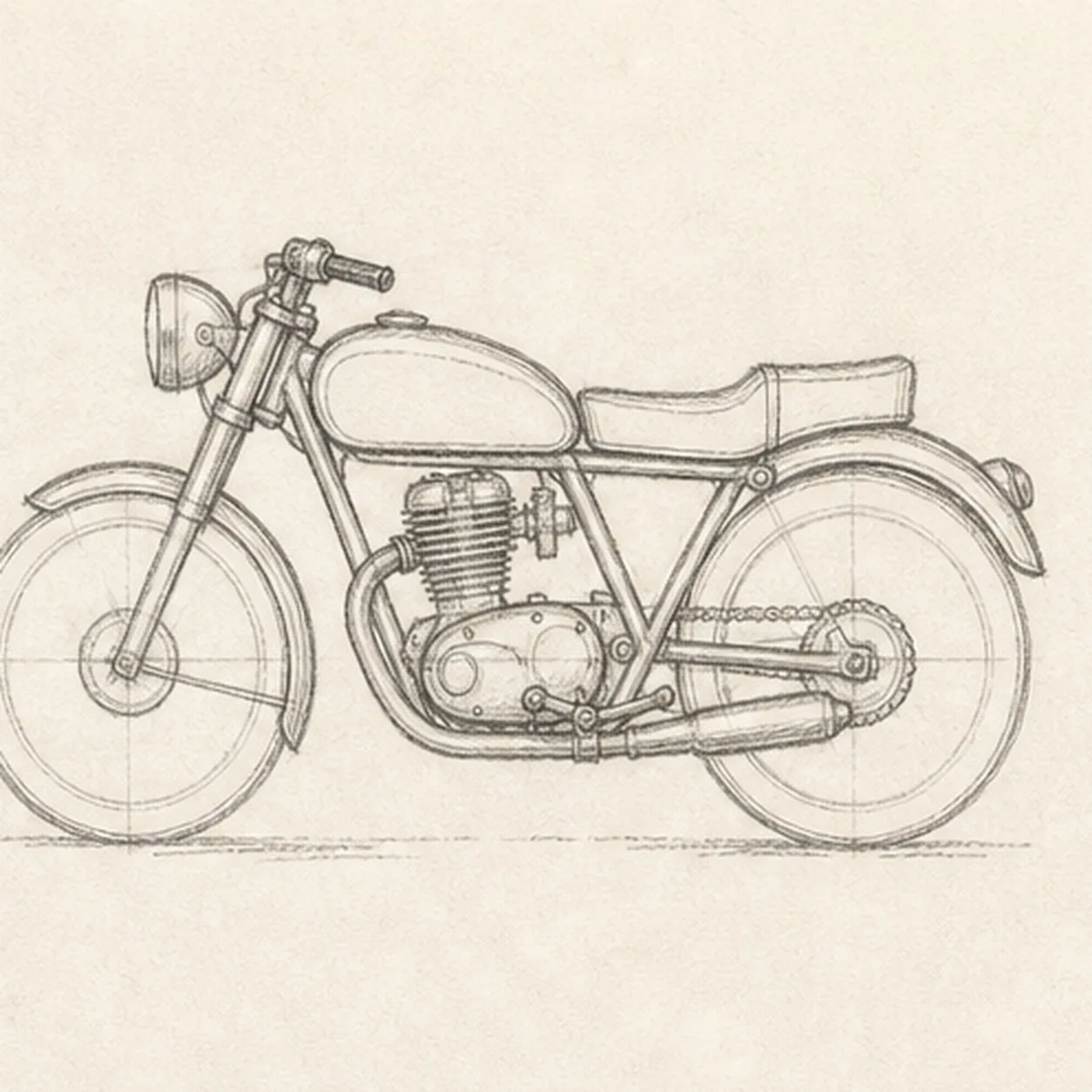 Fit the engine and controls stage for how to draw a classic motorcycle