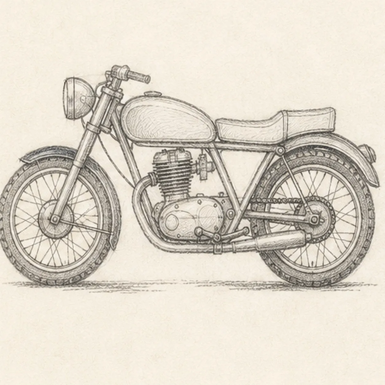 Build the mechanical rhythm stage for how to draw a classic motorcycle