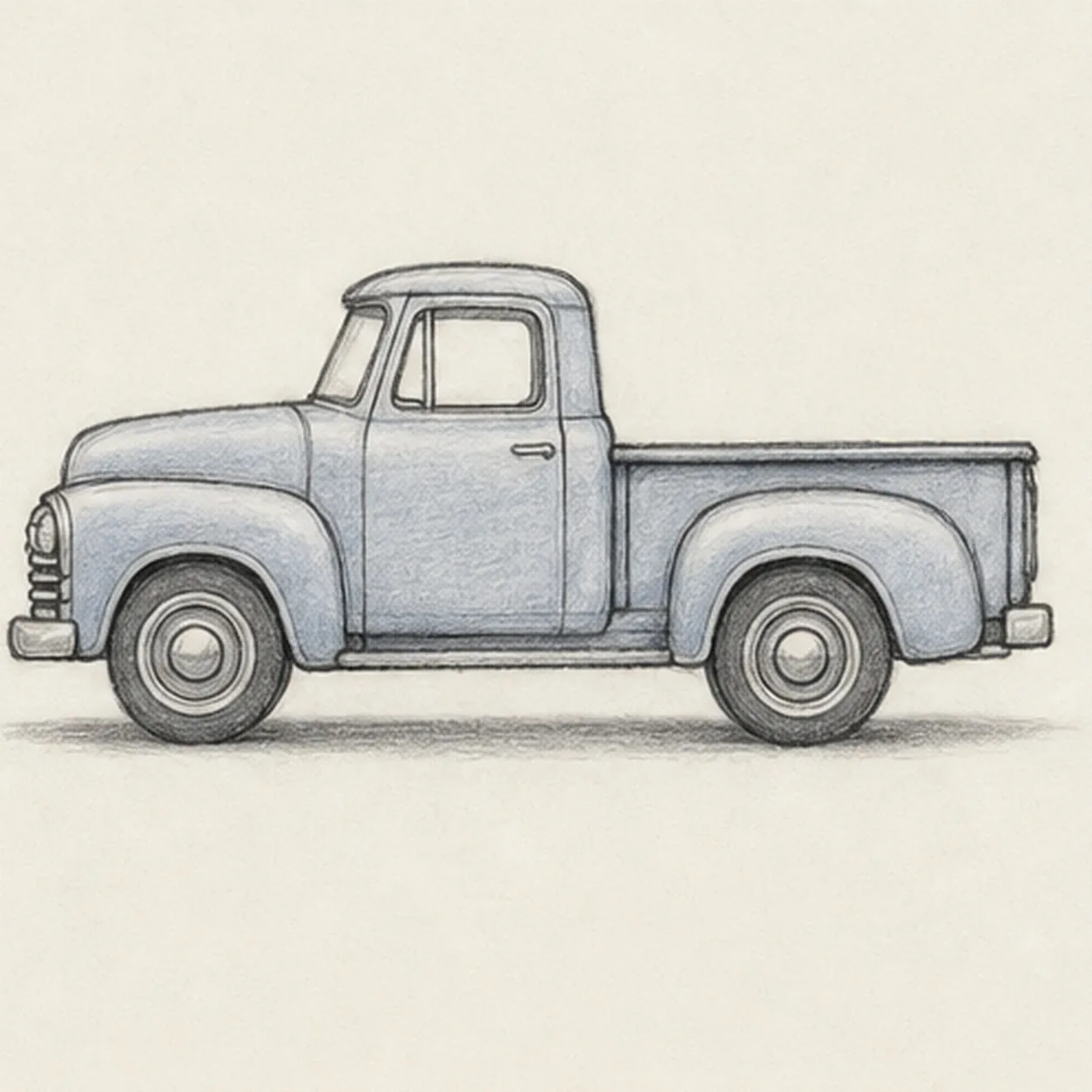 Graphite and colored-pencil sketch of a side-view classic blue-gray pickup truck with round tires, boxy cab, hood, pickup bed, rounded fenders, tailgate, window, grille, headlights, bumpers, wheel hubs, and soft tire shadows