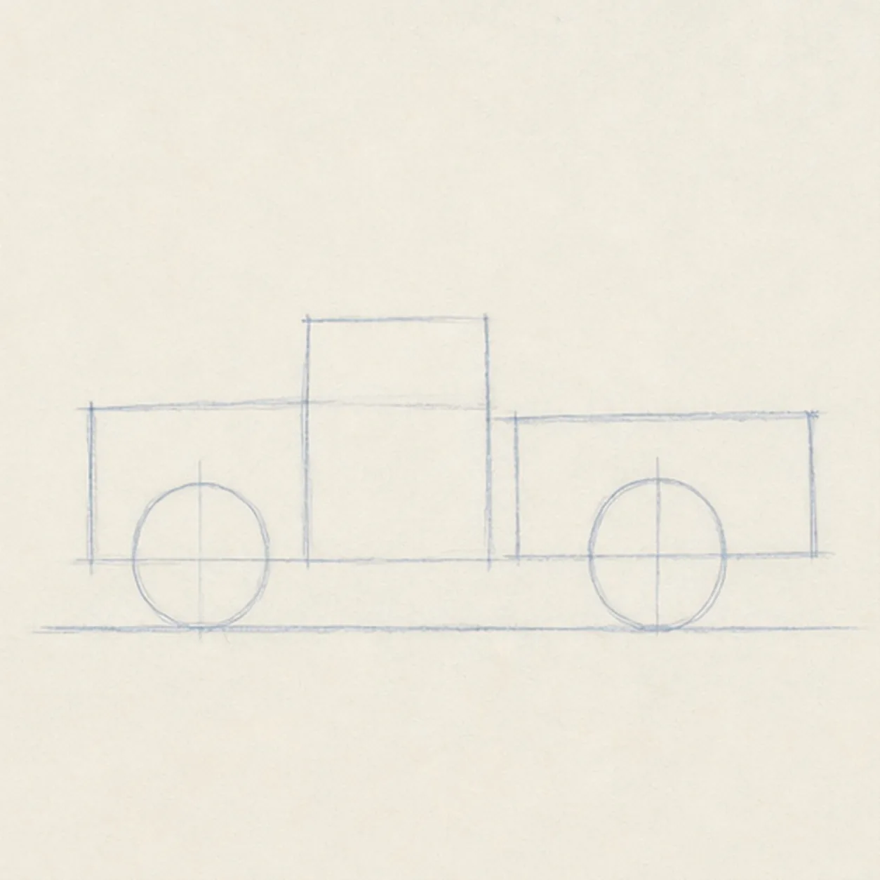 Set the wheels and stance stage for how to draw a pickup truck