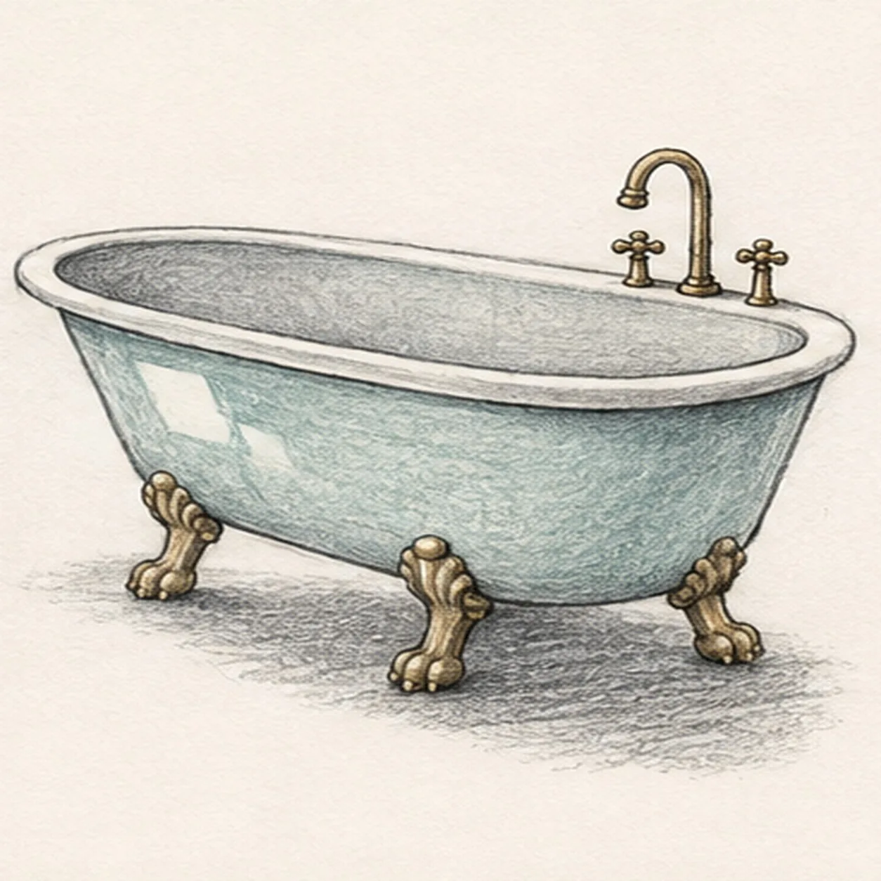 Handmade graphite and restrained colored-pencil sketch of one face-free three-quarter-view pale-seafoam clawfoot bathtub with one long doubled oval rim, one cool-gray inner basin, exactly three visible curved warm-brass claw feet, one arched warm-brass faucet centered between exactly two cross handles on the far-right rim deck, one small drain ellipse, exactly two open-paper enamel highlights, visible pencil tooth, and one broken cool-gray ground shadow