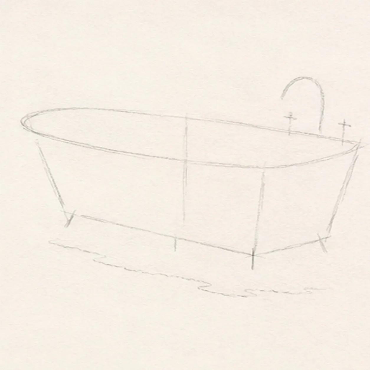 Map the tub in perspective stage for how to draw a clawfoot bathtub