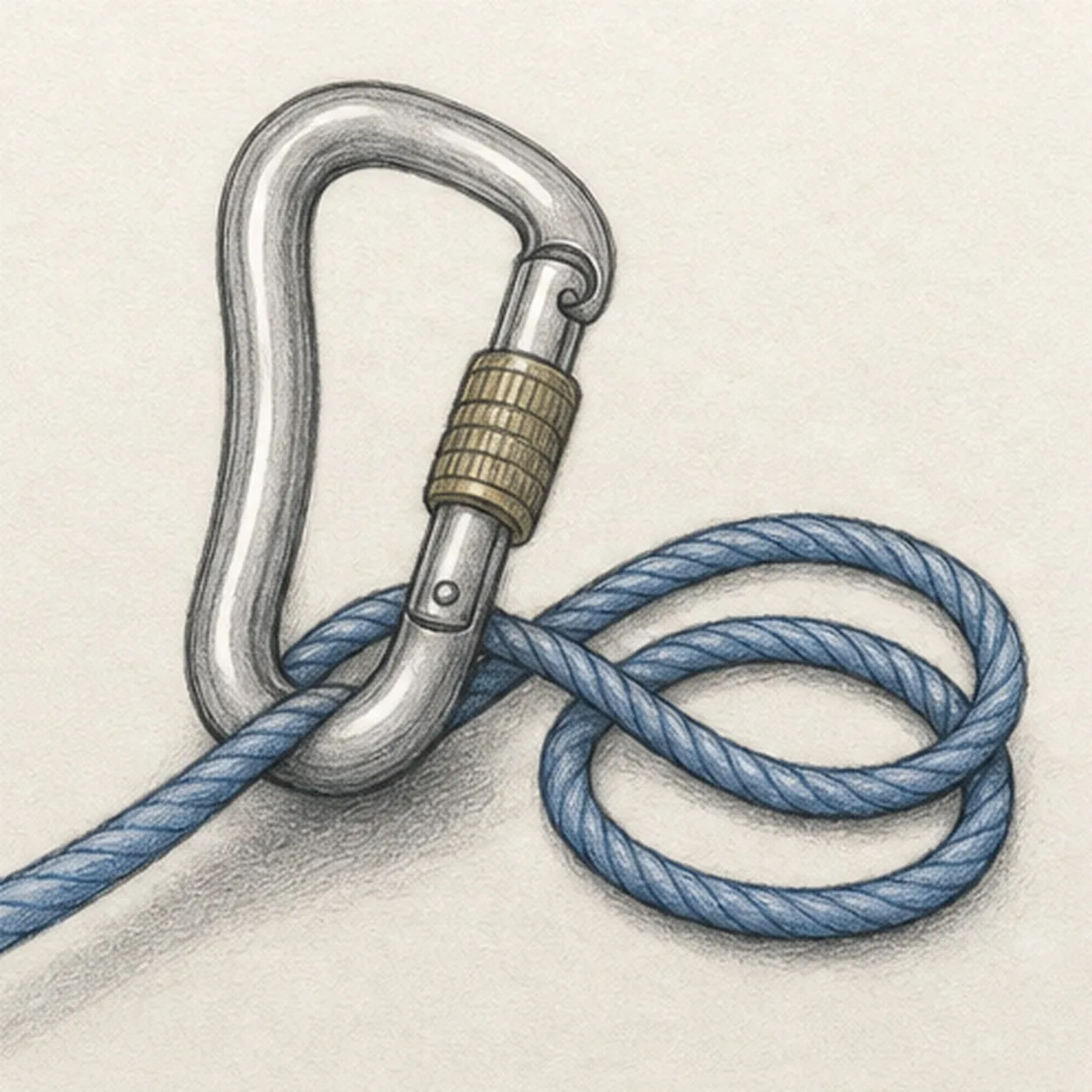 Handmade graphite and colored-pencil sketch of one pear-shaped locking climbing carabiner tilted slightly right with a cool-gray metal frame, straight gate, hooked nose, ribbed muted-brass screw-lock sleeve, one continuous blue rope threaded through the lower basket into exactly two loose coils, directional twist ridges, paper highlights, and a soft graphite cast shadow