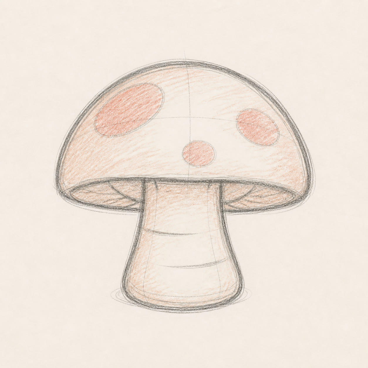 Loose graphite and pink-pencil sketch of a rounded mushroom