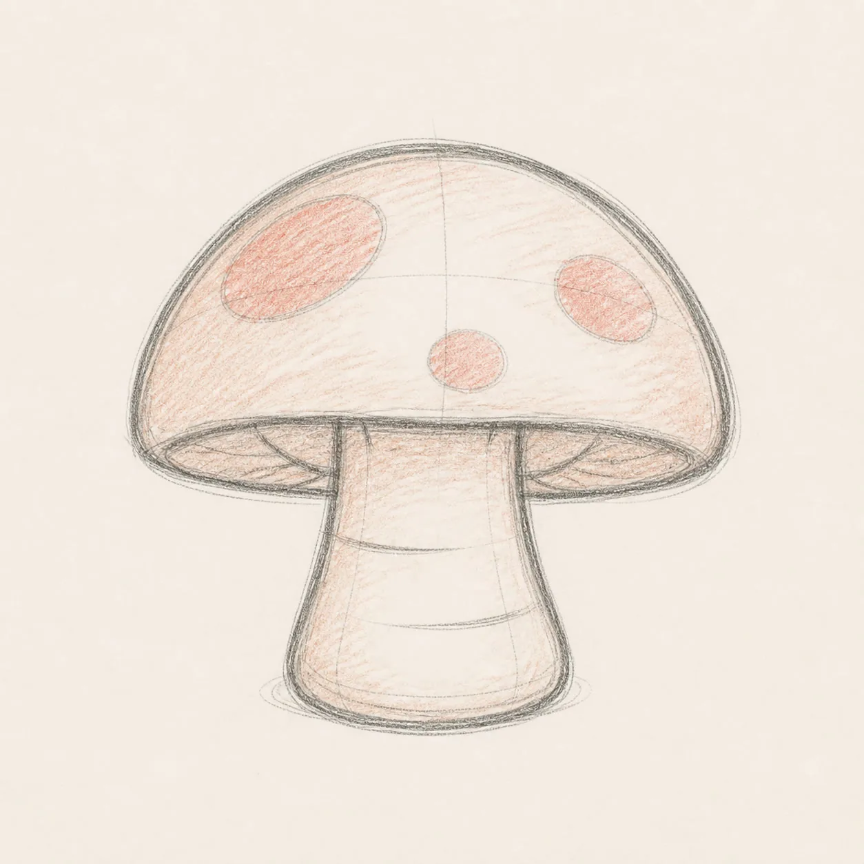 Loose graphite and pink-pencil sketch of a rounded mushroom