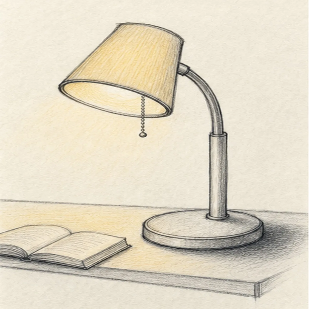 Graphite and colored-pencil sketch of a cozy desk reading lamp with tilted warm shade, curved neck, round base, pull chain, open book, desk edge, and soft shadow