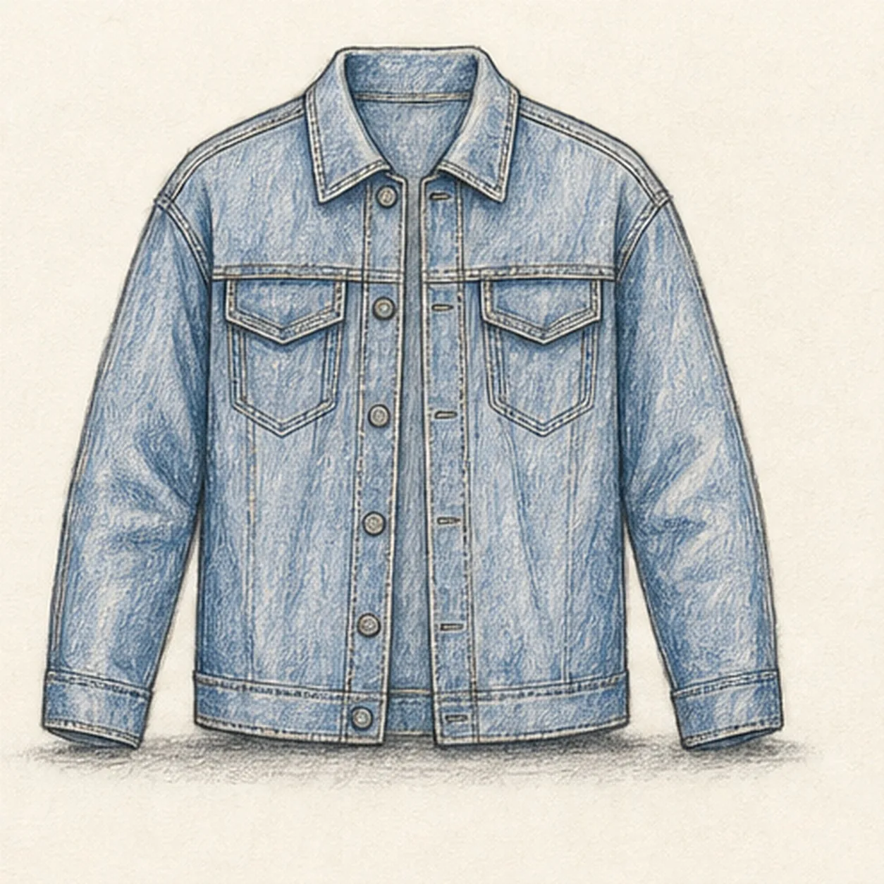 Handmade graphite and indigo colored-pencil sketch of a front-facing denim jacket with slightly dropped shoulders, relaxed sleeves, pointed collar, two front plackets, two flap chest pockets, back-yoke seam, cuffs, straight hem, exactly six round buttons, double stitching, restrained folds, paper highlights, and soft ground shadow