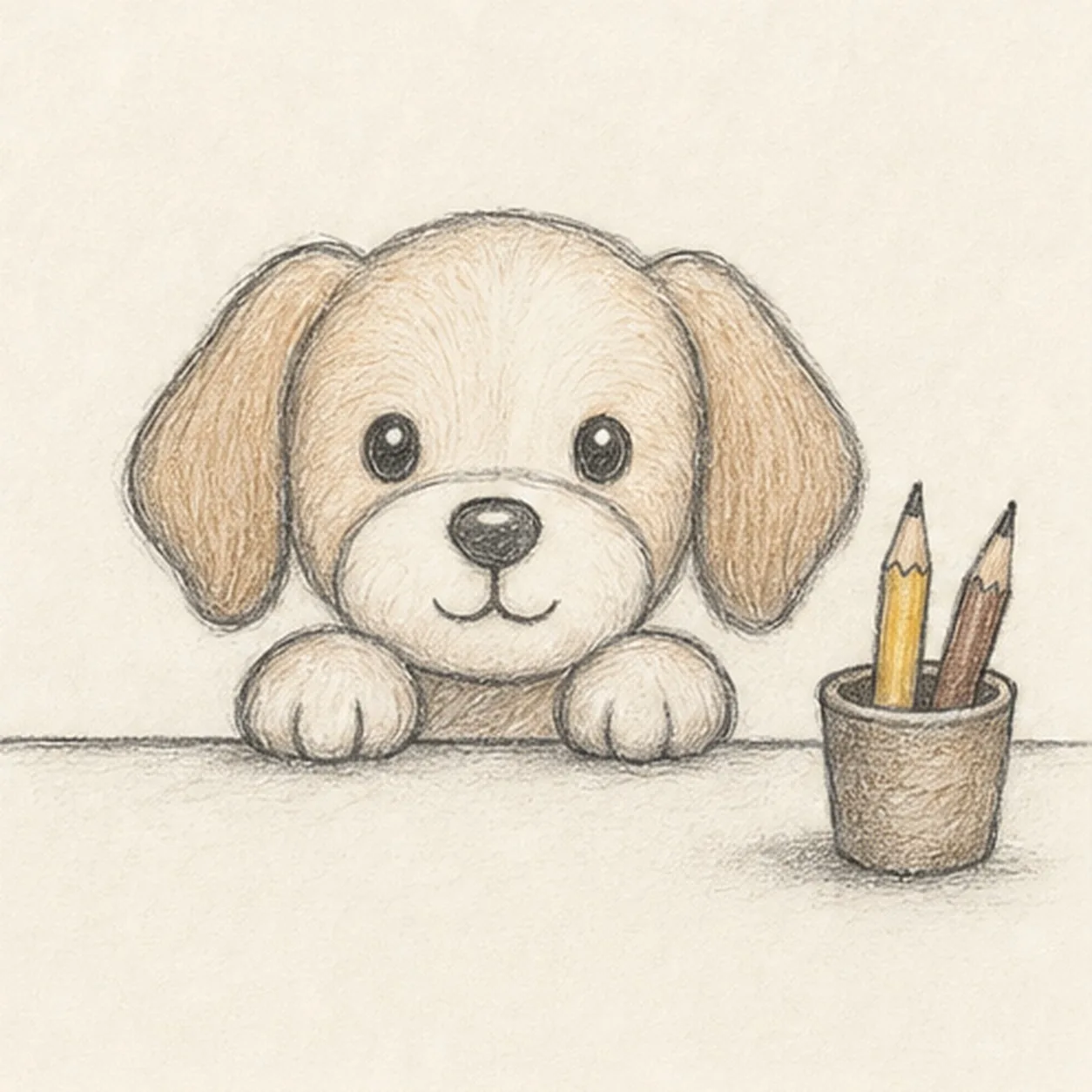 Graphite and warm colored-pencil sketch of a floppy-eared dog peeking over a desk beside a pencil cup