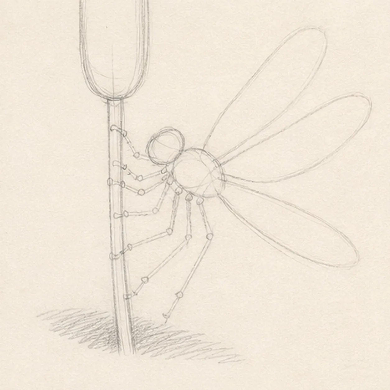 Map the perch and wing span stage for how to draw a dragonfly on a cattail
