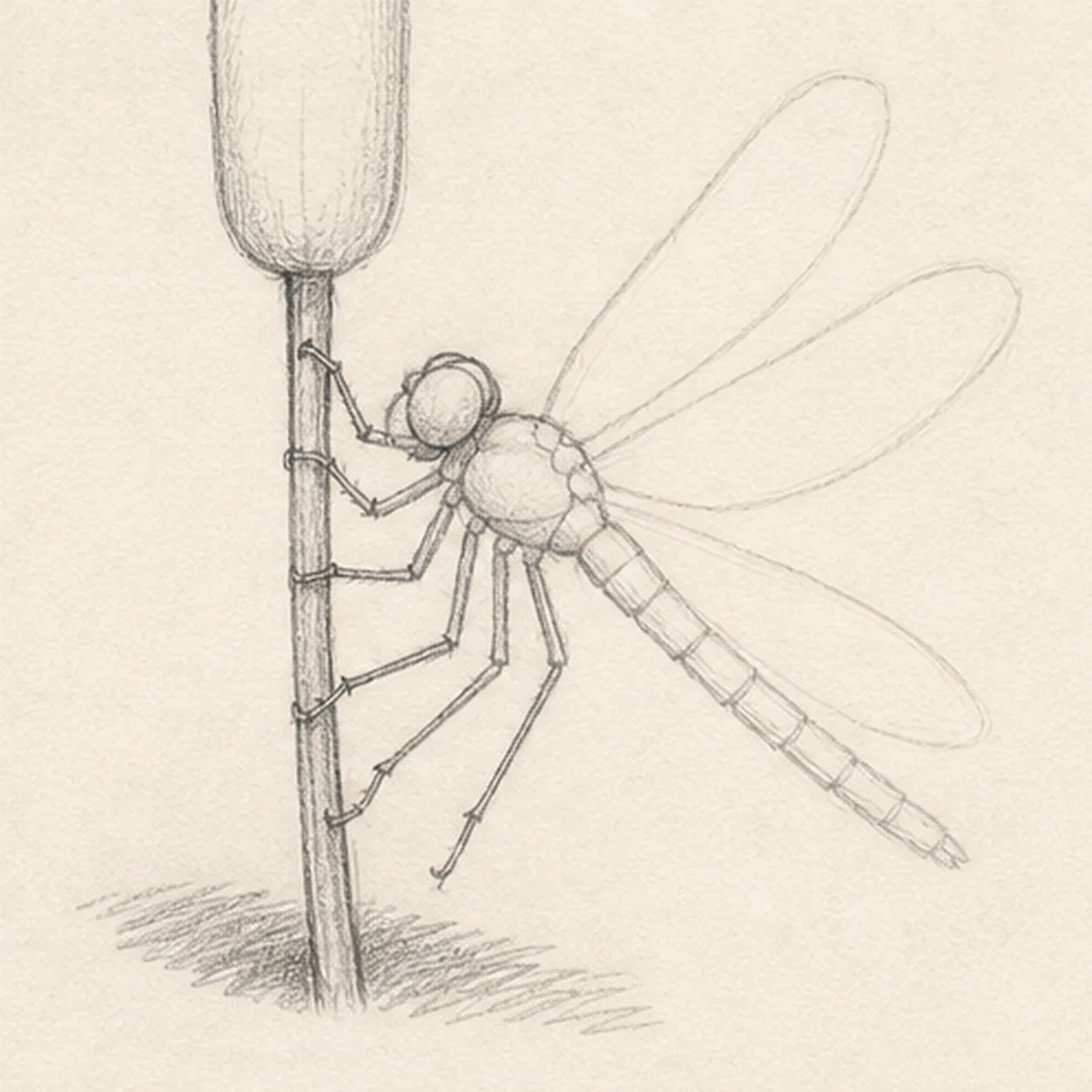 Shape the body and cattail stage for how to draw a dragonfly on a cattail