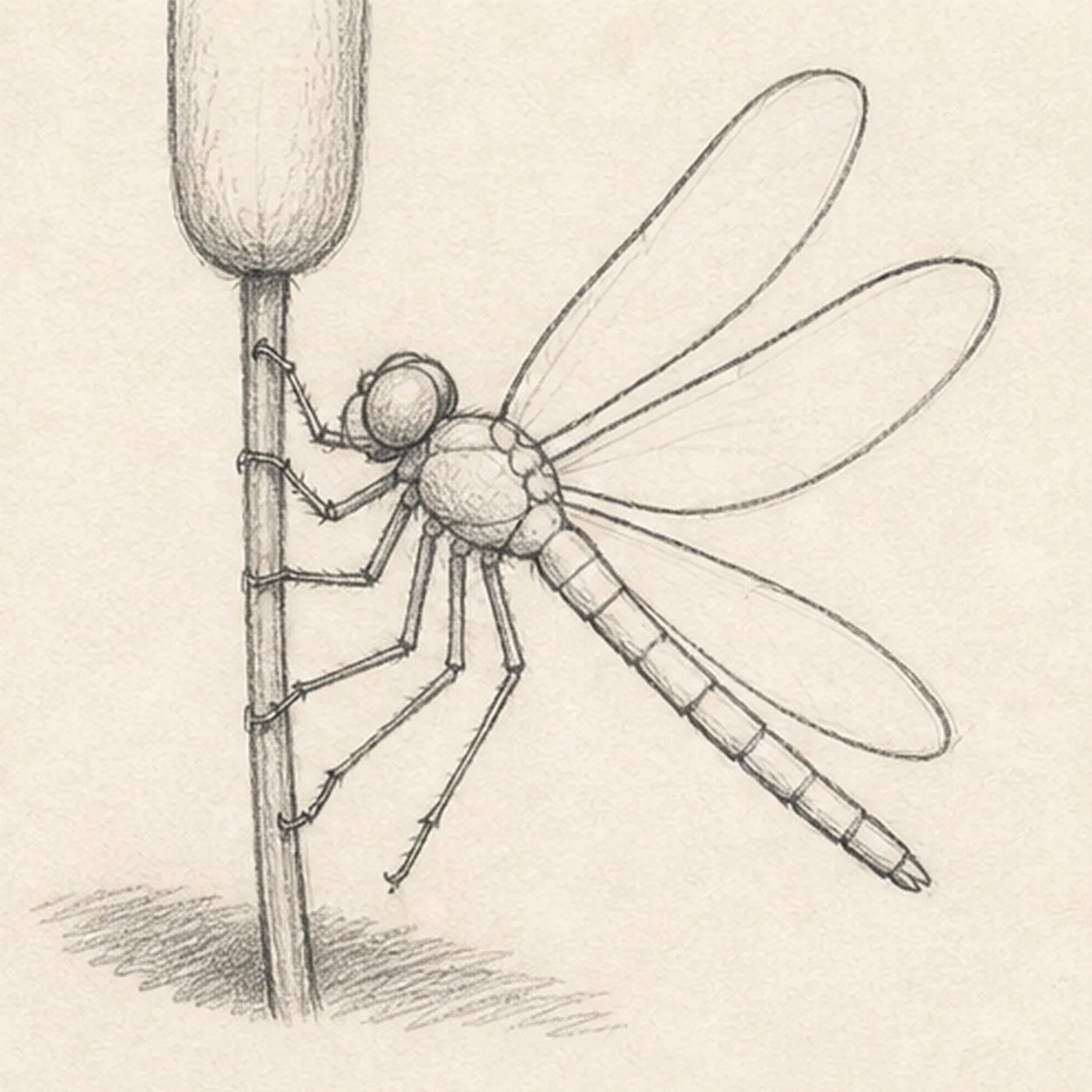Set four wings and six legs stage for how to draw a dragonfly on a cattail