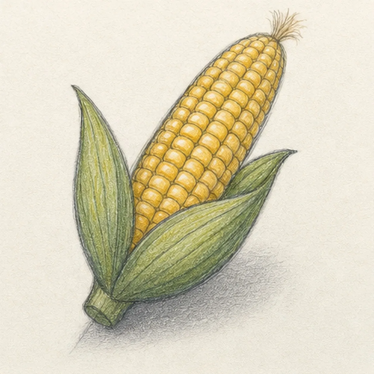 Handmade graphite and colored-pencil sketch of a diagonal golden ear of corn with two peeled green husks, curved staggered kernel rows, a tan silk tuft, and a soft gray ground shadow