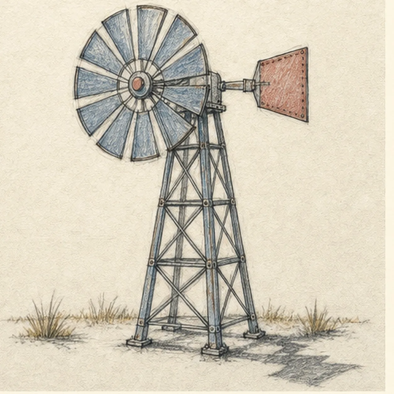 Handmade graphite and restrained colored-pencil sketch of one tall American farm windmill in a slight three-quarter view with one circular steel-blue rotor containing exactly twelve broad blades, one centered hub with a rust-red cap, one rear tail arm and rust-red tail vane, one narrow gearbox, one tapered four-legged steel-blue lattice tower with clear X-bracing and four foot plates, several warm-ochre grass tufts, visible paper tooth, and one broken graphite cast shadow