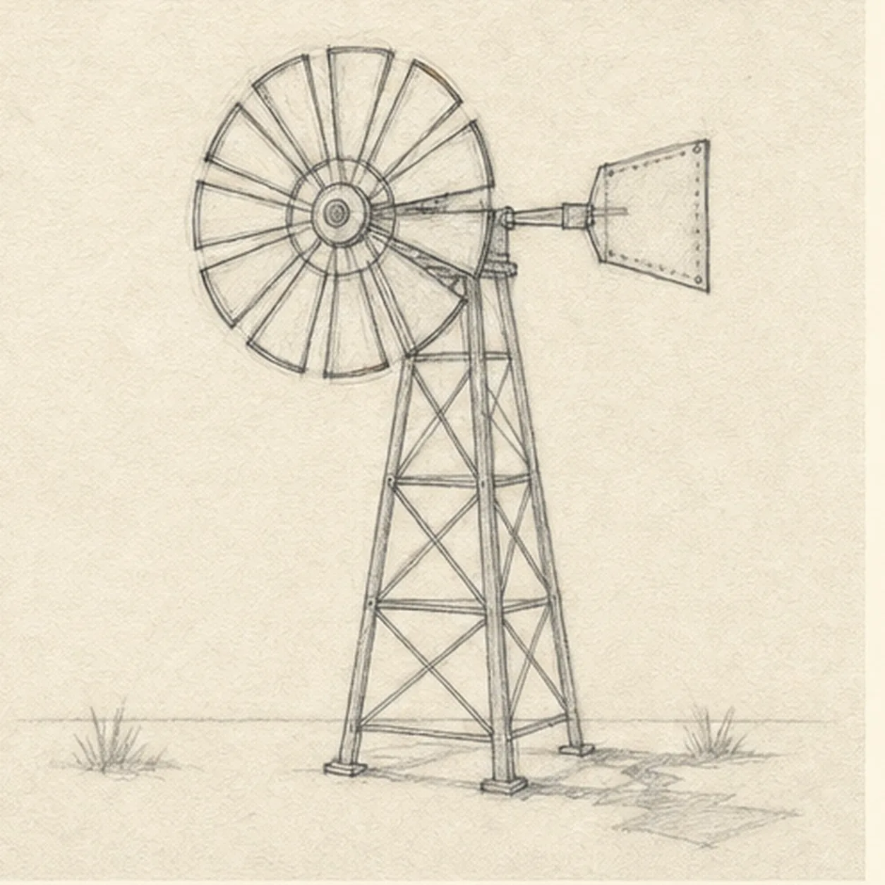 Shape the blades and braces stage for how to draw an old farm windmill
