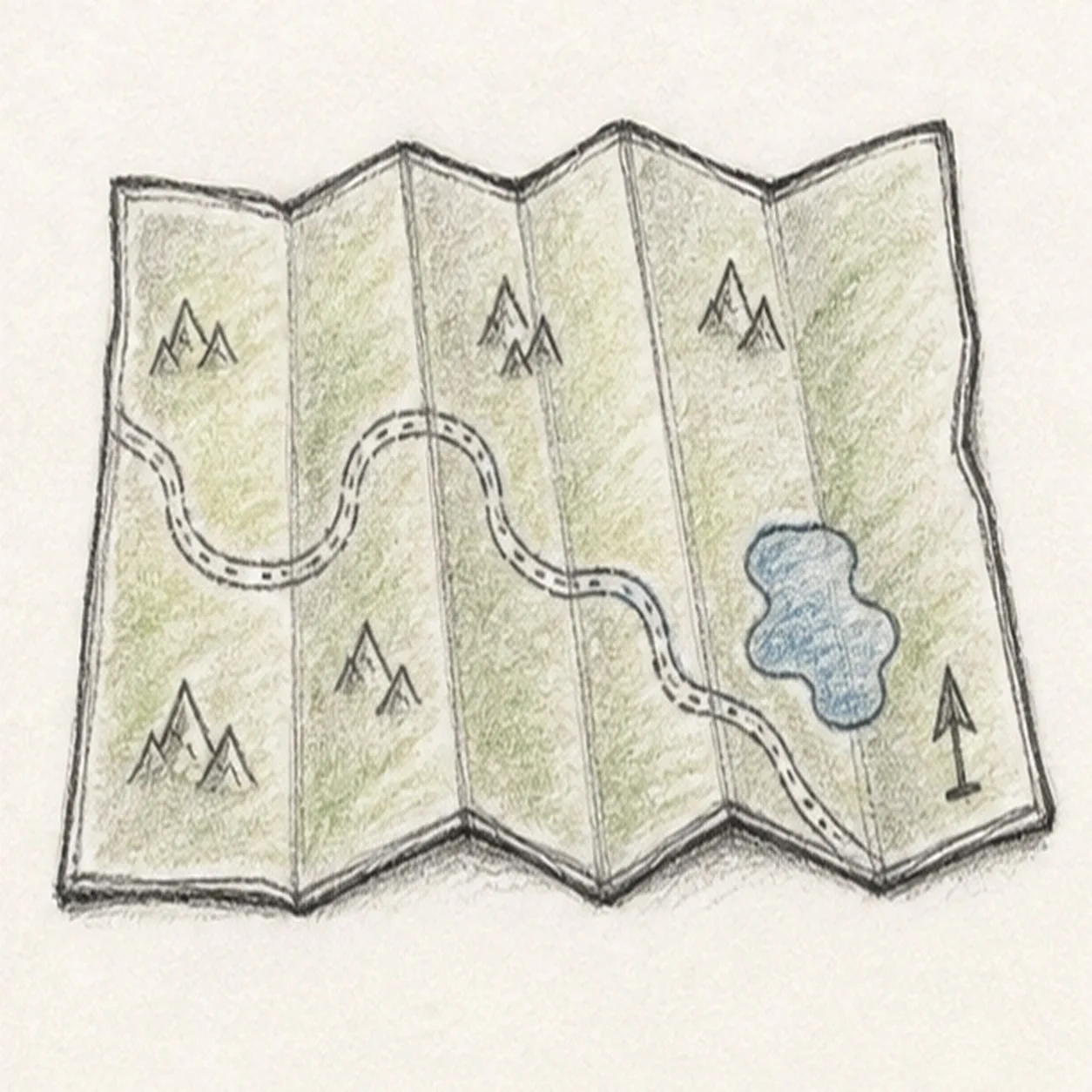 Graphite and colored-pencil sketch of a folded camp map with uneven paper edges, crease panels, winding trail line, blue lake, small mountain icons, compass arrow, green shading, and darkened fold contours