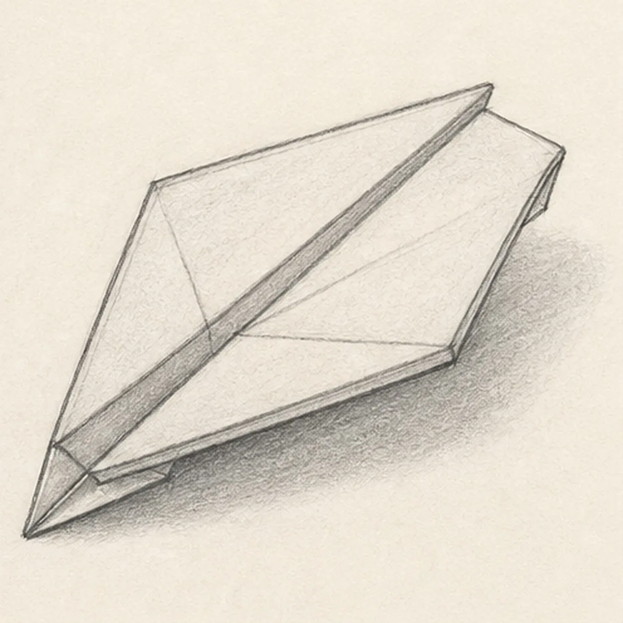 Graphite sketch of a folded paper airplane with long center spine, triangular wings, pointed nose, rear wing edges, crease lines, paper thickness, and soft shadow