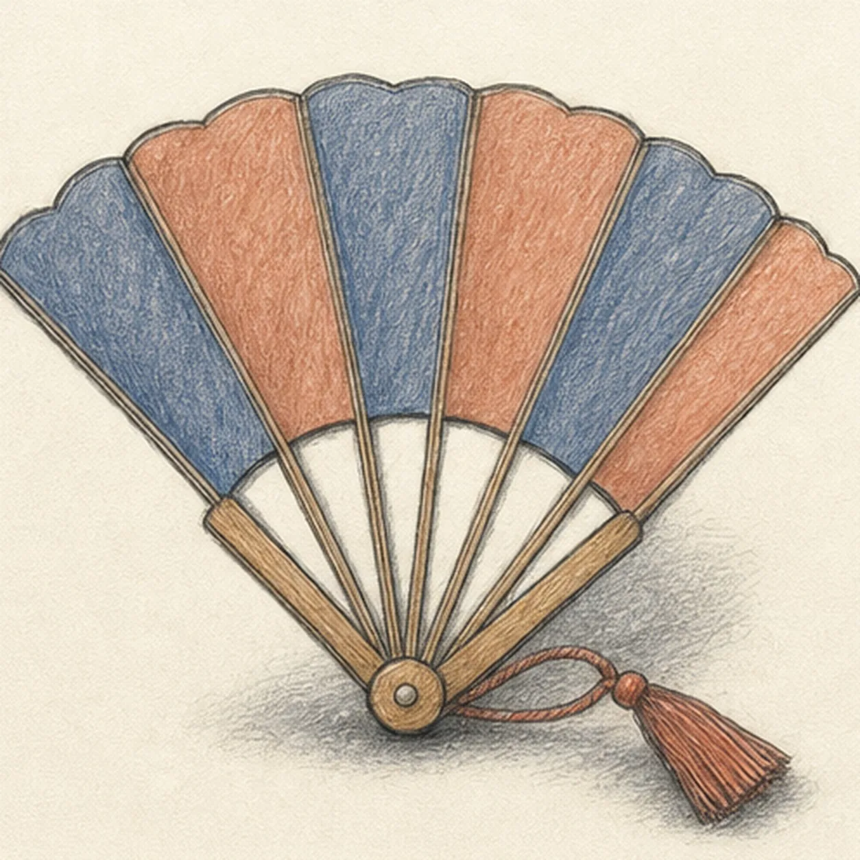 Handmade graphite and colored-pencil sketch of one open folding hand fan with one low brass pivot, exactly seven warm wooden ribs forming six broad scalloped leaf panels, alternating dusty-indigo and muted-terracotta color, two sturdy guard handles, one rust-colored cord loop, one tapered tassel, paper highlights, and one broken graphite cast shadow