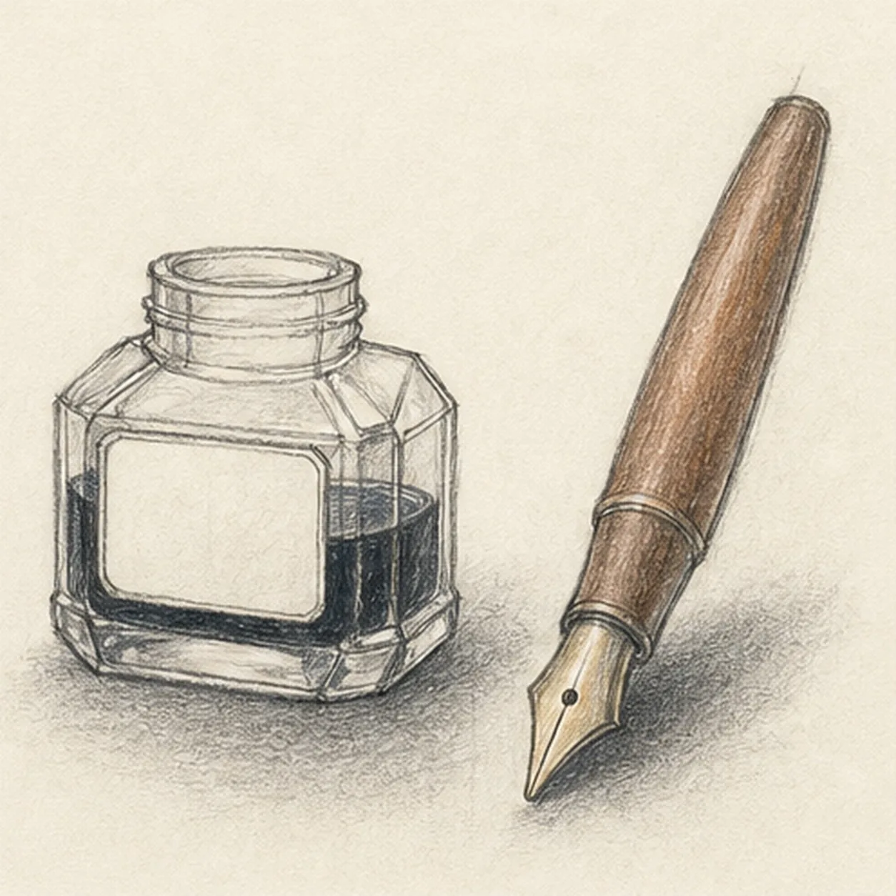 Handmade graphite and colored-pencil still life of a squat faceted glass ink bottle with a blank front panel and blue-black ink beside an uncapped brown fountain pen with a warm metal nib and soft gray shadows