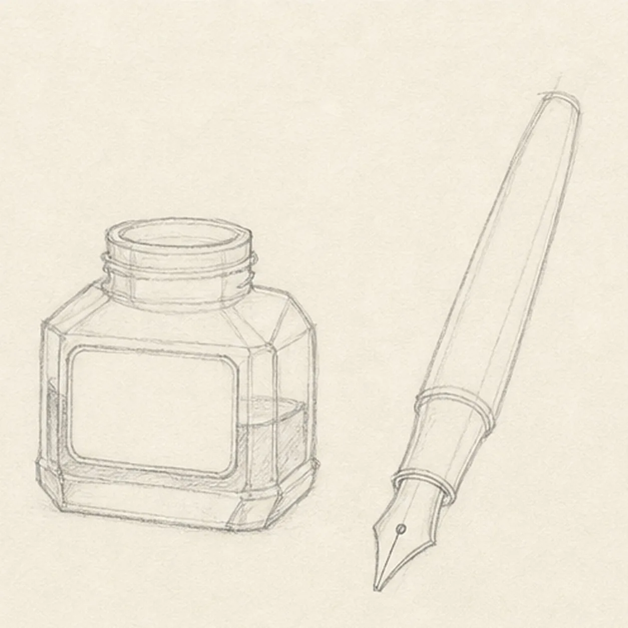 Add the ink and nib landmarks stage for how to draw a fountain pen and ink bottle