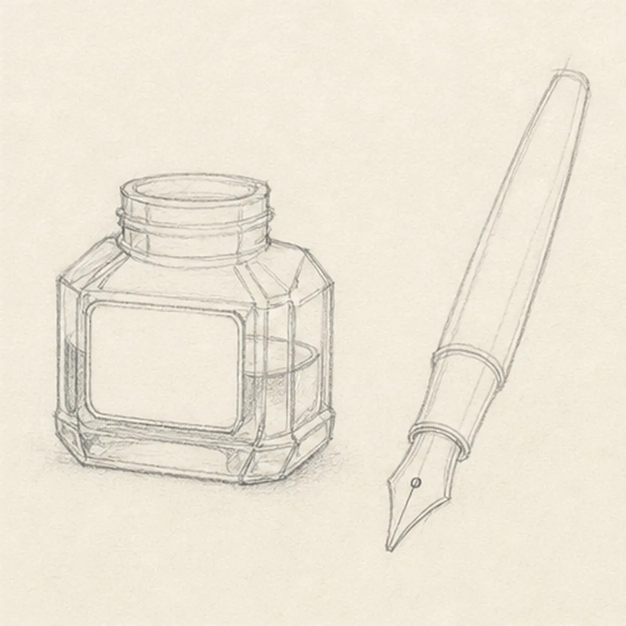 Describe the glass planes stage for how to draw a fountain pen and ink bottle