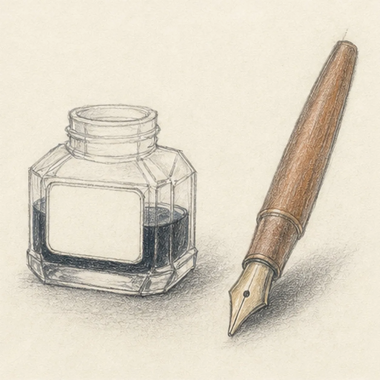 Tint the writing tools stage for how to draw a fountain pen and ink bottle
